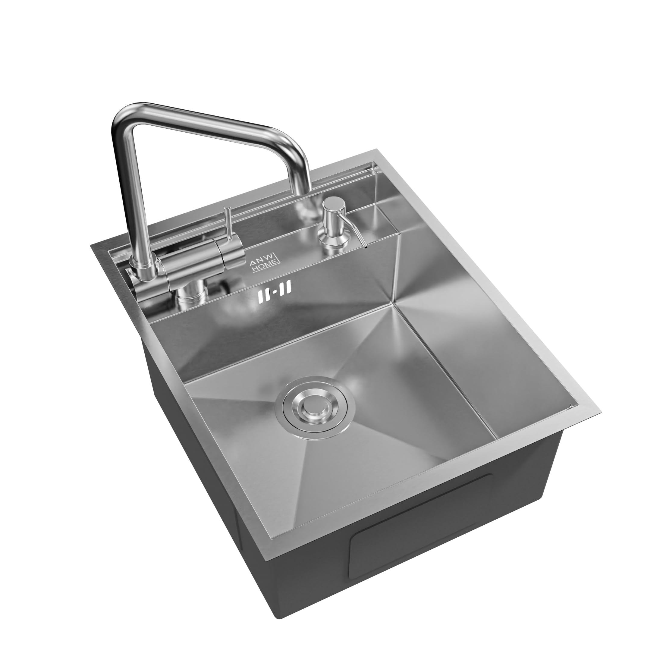 ANW HOME Fregadero Cocina 1 Seno 40x50 cm, Acero Inoxidable 304 | Sobre Encimera, Acabado Satinado, Grosor 3,0/1 mm, Con Sifón, Dosificador, Grifo, Tapa