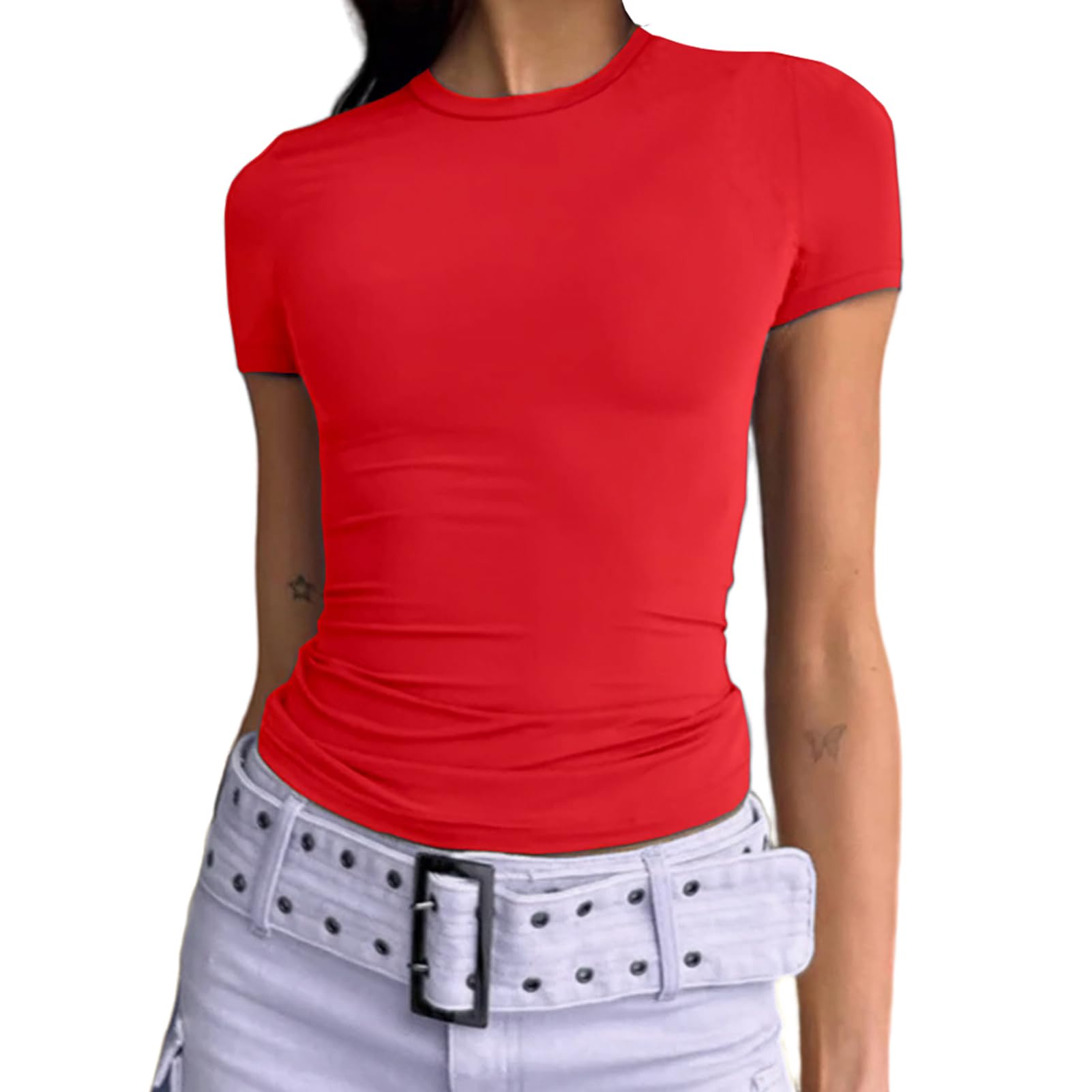 Dwnval Womens Basic Summer Short Sleeve Tight Fitted Workout Crop Tops