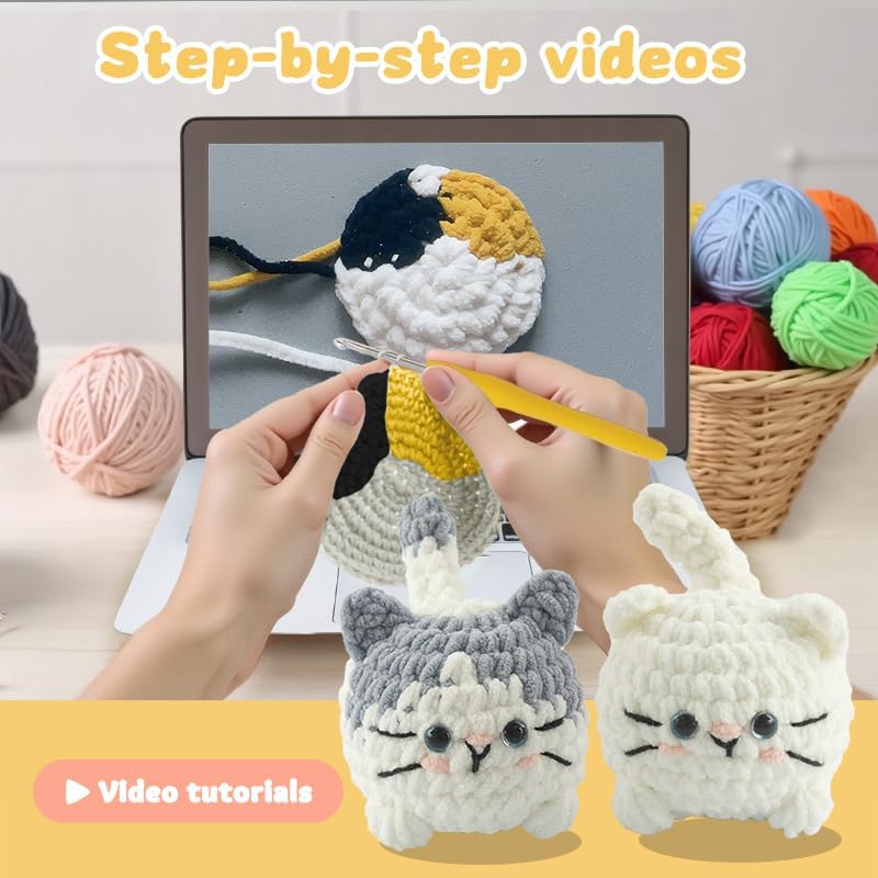 Hylvix Crochet kit for Beginners, 3 Cats Kitty Family Crochet Animals kit, Learn to Crochet Knitting kit, with Step by Step Guide Video, Prefect for Gifts, with Key Chains tutorials Yarns Hook