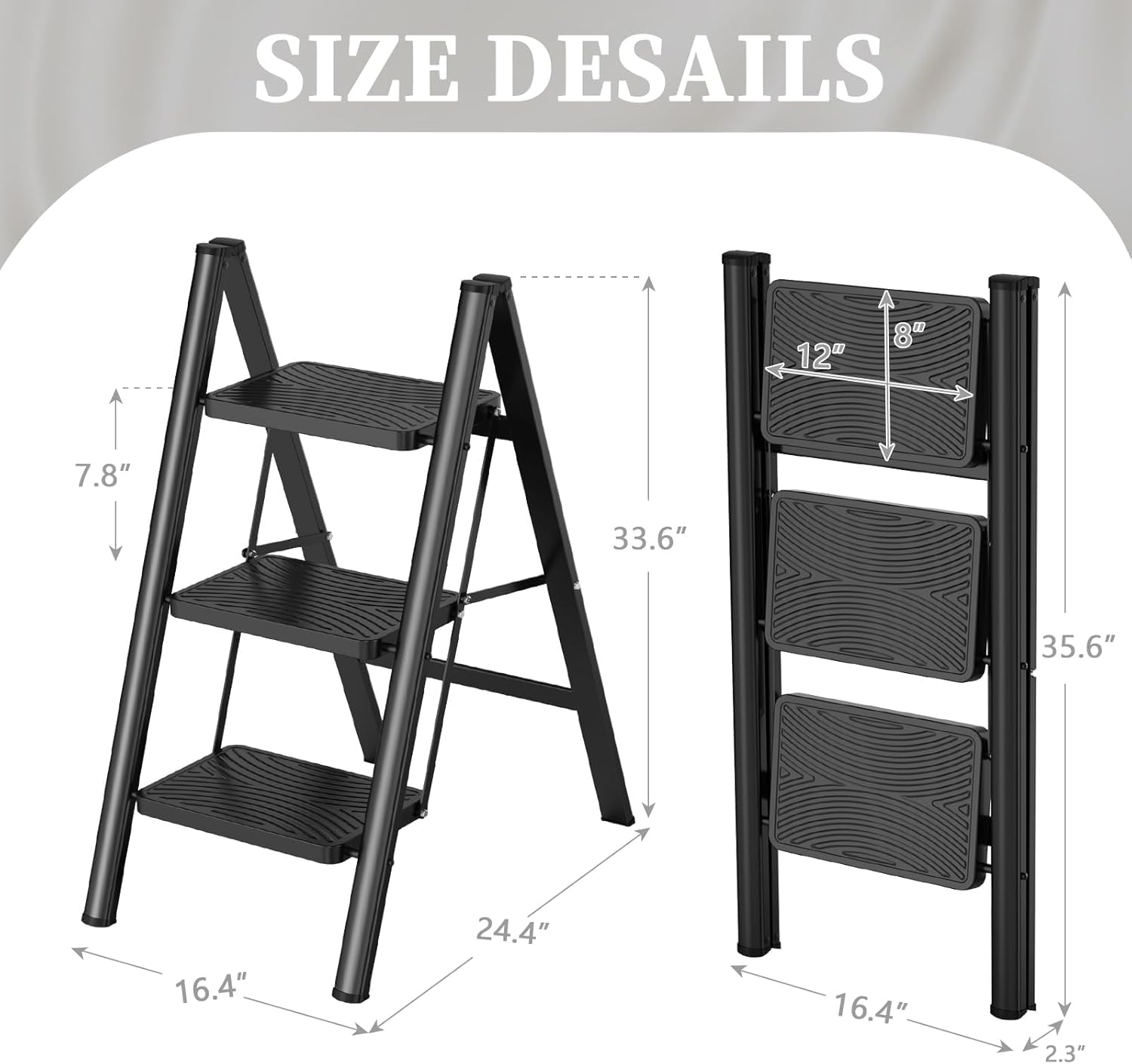 HBTower Escabeau 3 Marches Pliable, Léger et Compact, Marchepied Antidérapant, Cadre en Acier Robuste, Charge Maximale 150 kg, Portable pour Maison et Cuisine
