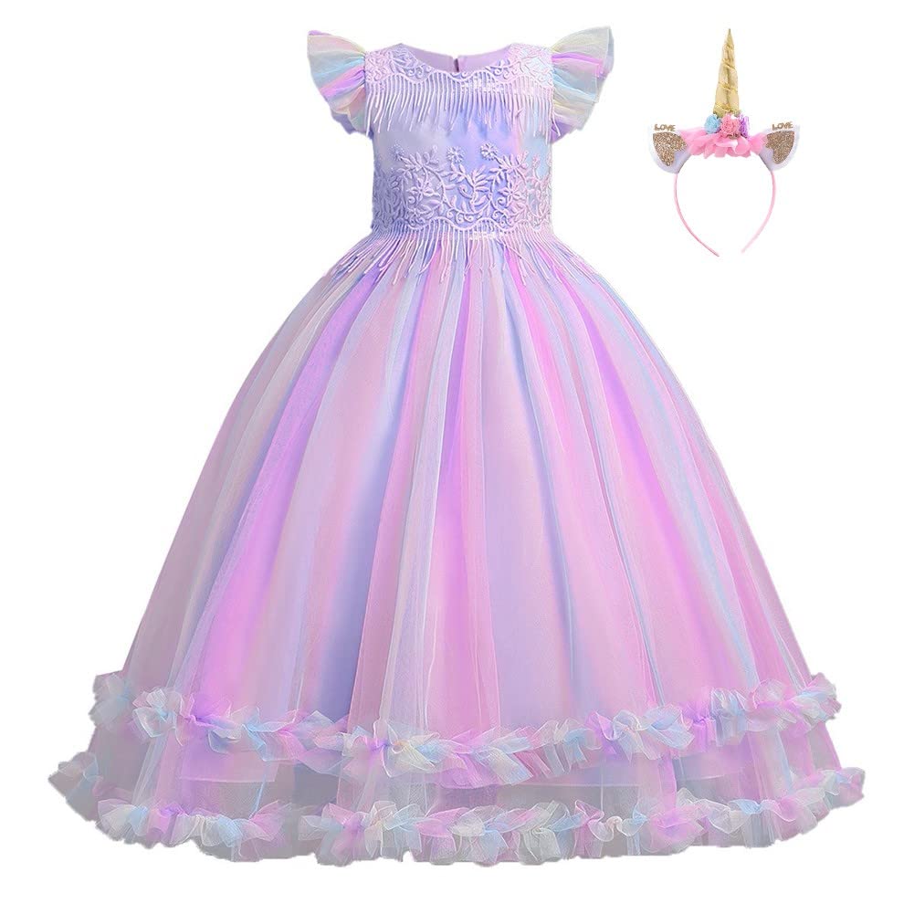 IZKIZF Girls Unicorn Costume Princess Long Maxi Tulle Dress w/Headband Birthday Party Carnival Cosplay Dress Up Outfits