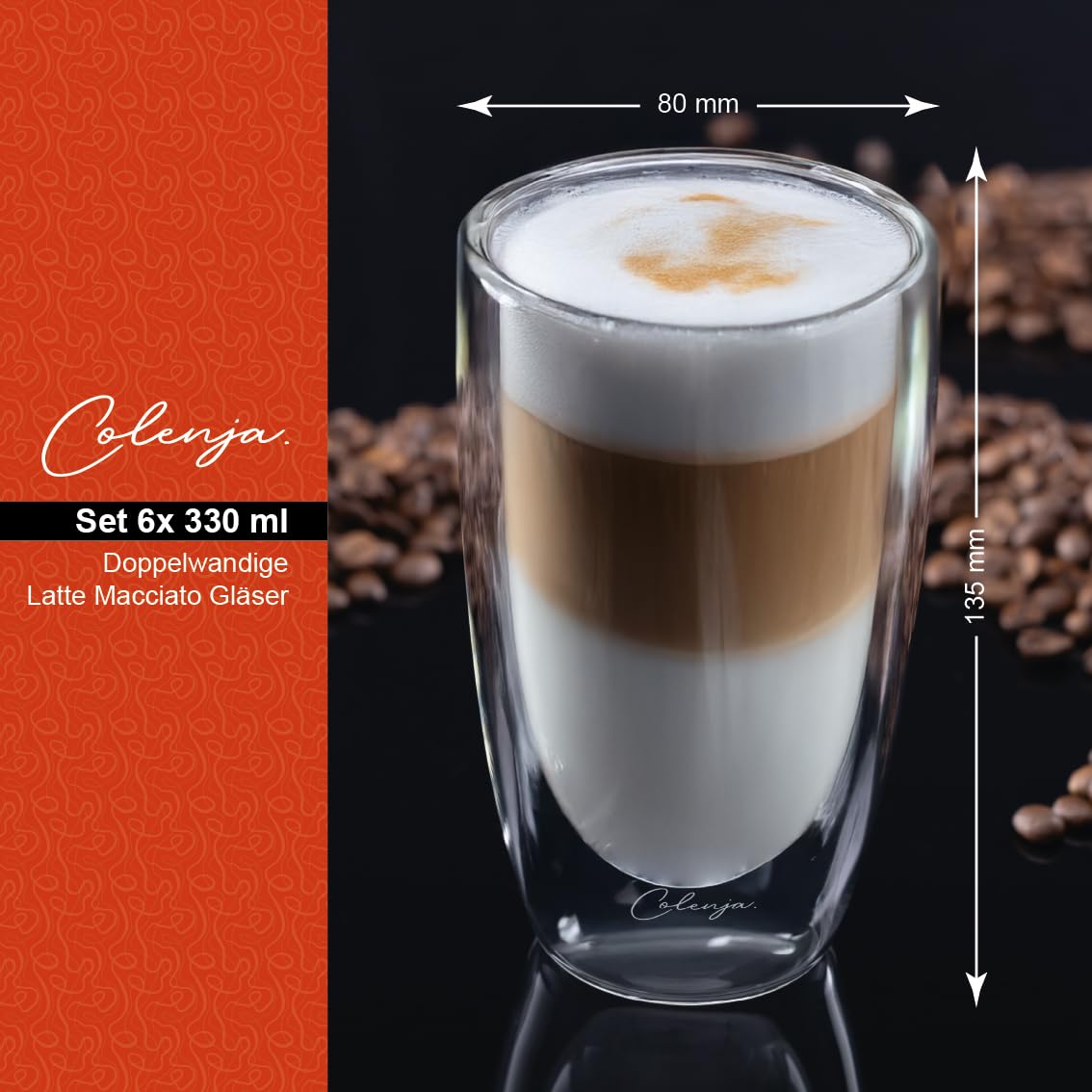 Doppelwandige Latte Macchiato Gläser - 6er Set 330ml - hochwertige Kaffeegläser – kratzfestes Glas - Borosilikatglas - Spülmaschinengeeignet - Matcha