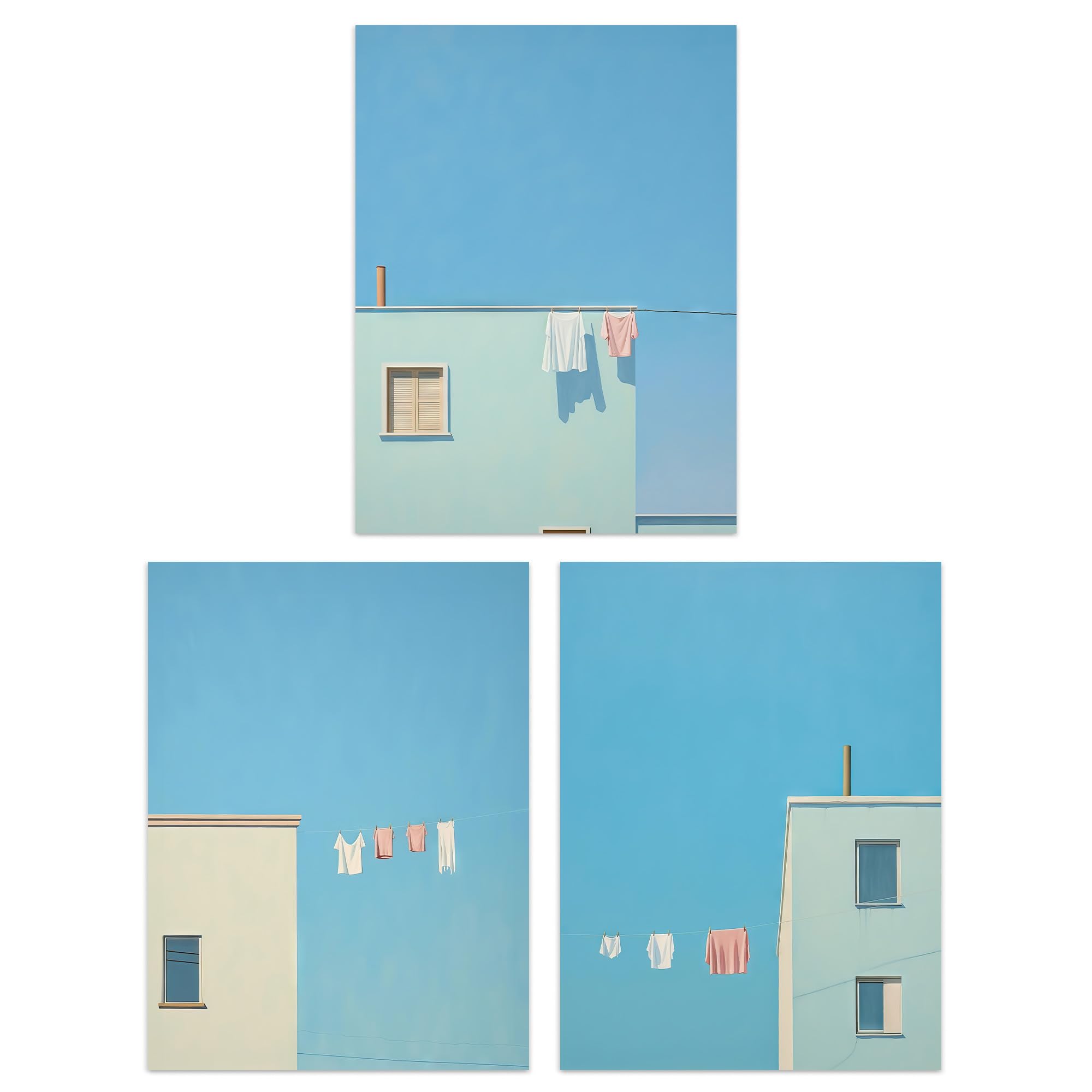 Set of 3 Prints Laundry Day Washing Line Utility Room Minimalist Blue Sky Pack of 3 A4 Poster Wall Art Prints