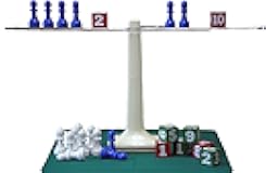 Hands-On Equations Teacher Demonstration Balance Scale & Game Pieces. Plastic and plexiglass Stationary Scale, Sixteen Large pawns (8 Blue, 8 White), Eight Large, Numbered Cubes (4 red, 4 Green).