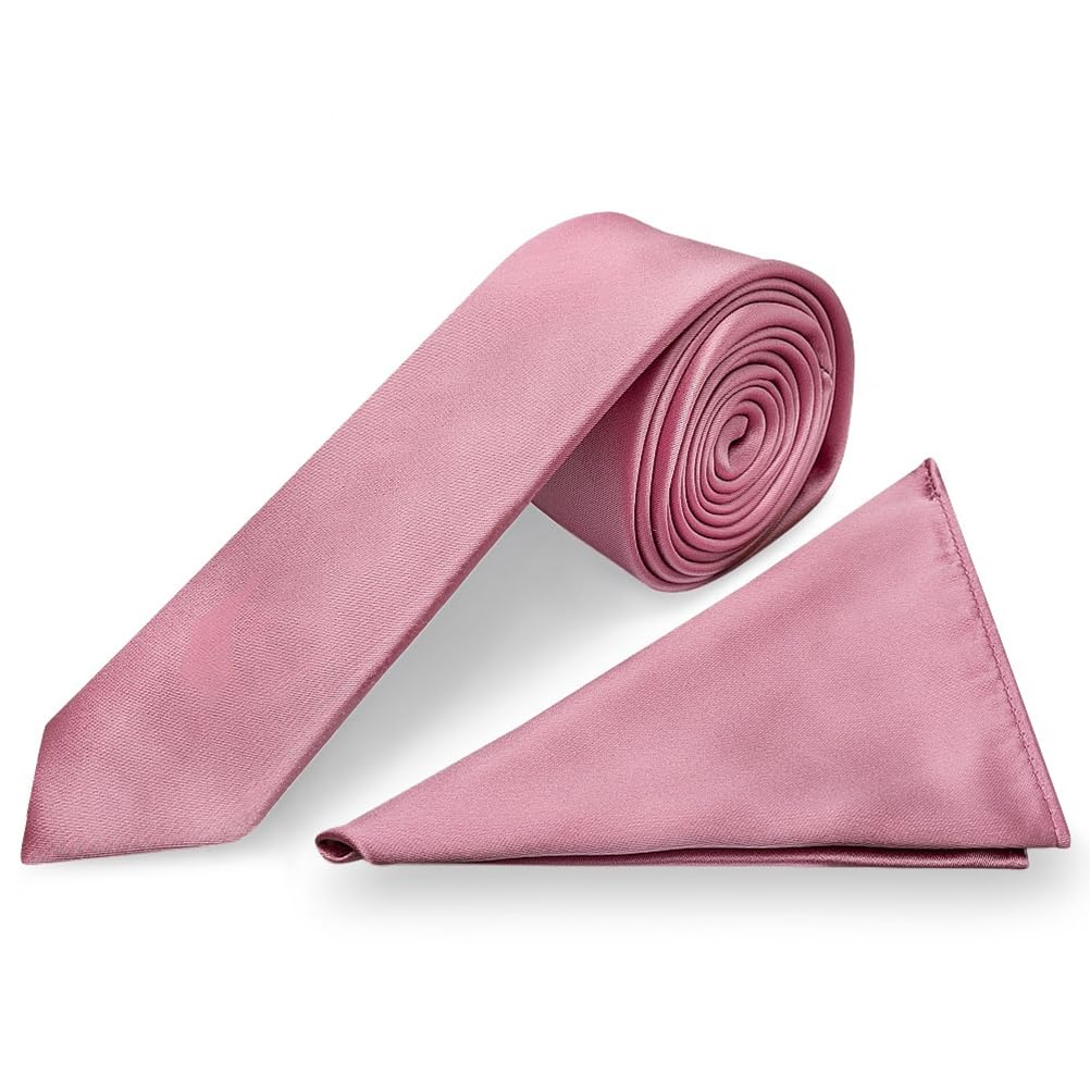 Ties R Us Men's Dusty Pink Satin Skinny Tie And Pocket Square Set