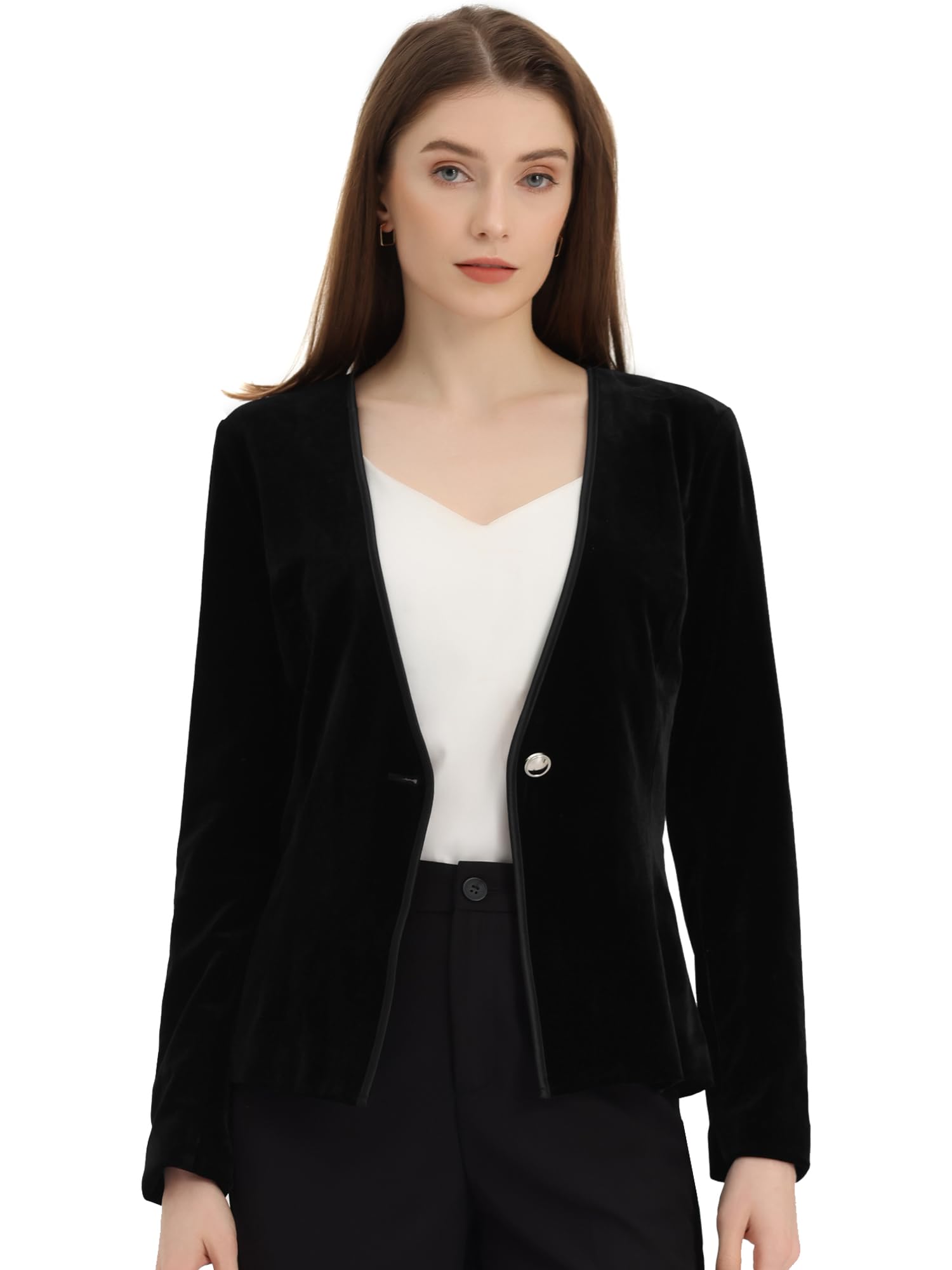 Allegra K Blazaer for Womens Long Sleeve Office Collarless 1 Button Velvet Blazer