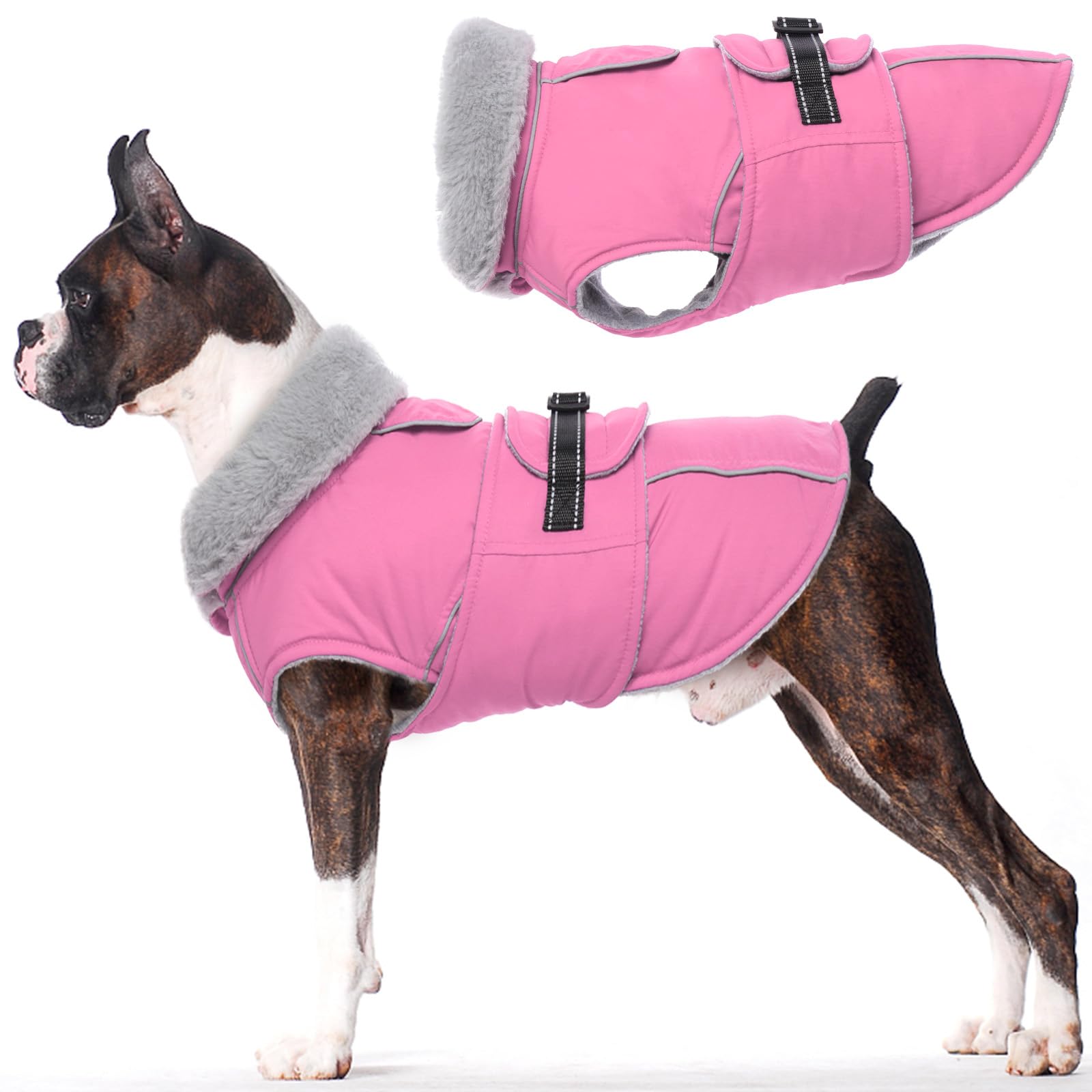 lelepet warm dog coats for large dogs waterproof dog winter jacket reflective pet fleece vest windproof cold weather coats with adjustable buckle & leash hole, pink, l