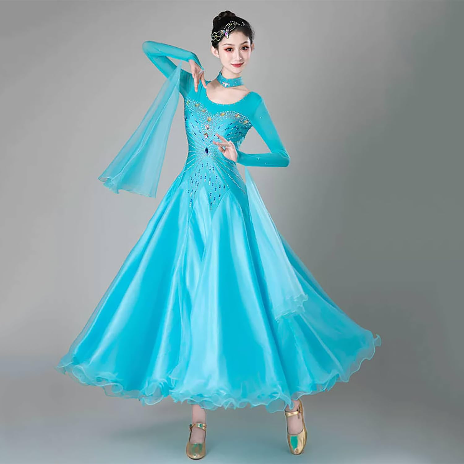 Vestito Da Gara Di Ballo Standard Da Donna Strass Gonna Ampia Svolazzante