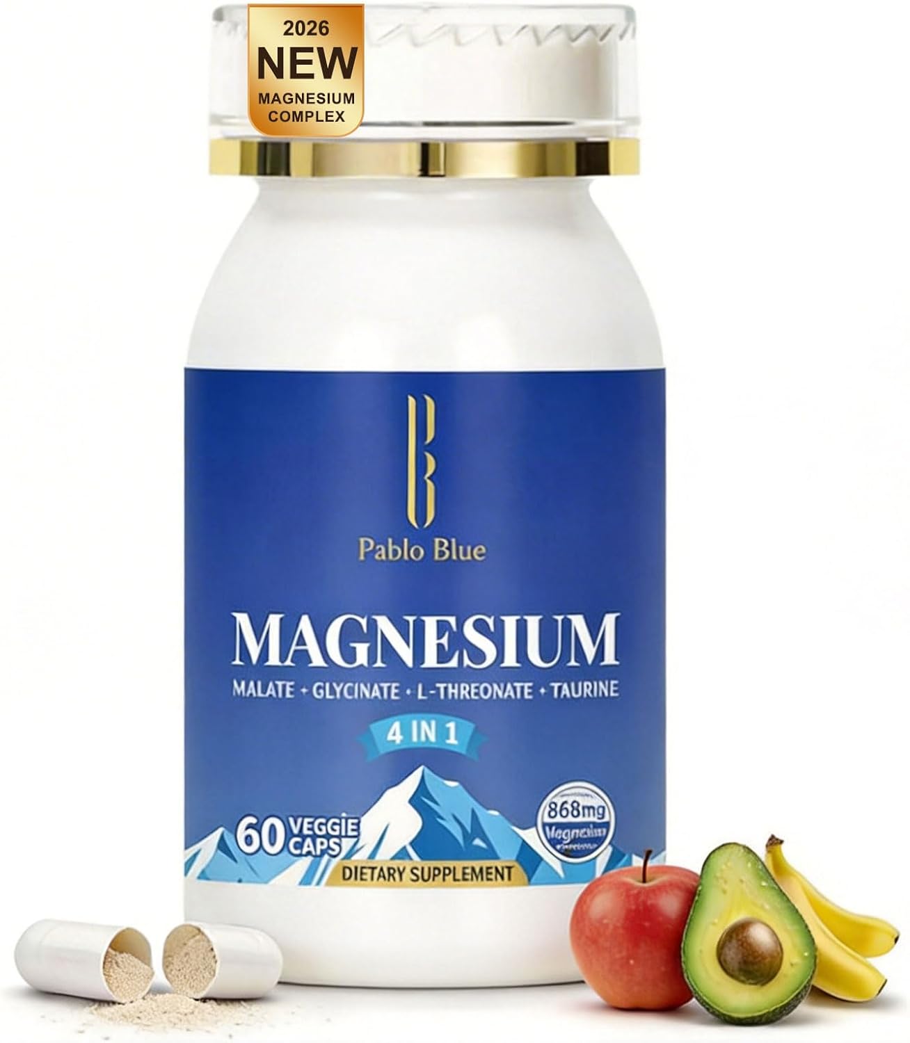 Pablo Blue 4-in-1 Magnesium Glycinate Complex for Women & Men, Chelated Magnesium Threonate, Taurate, Malate & Vitamin B6, Sleep Aid, Brain Function, Muscle Relaxation & Calm Support, Gluten Free