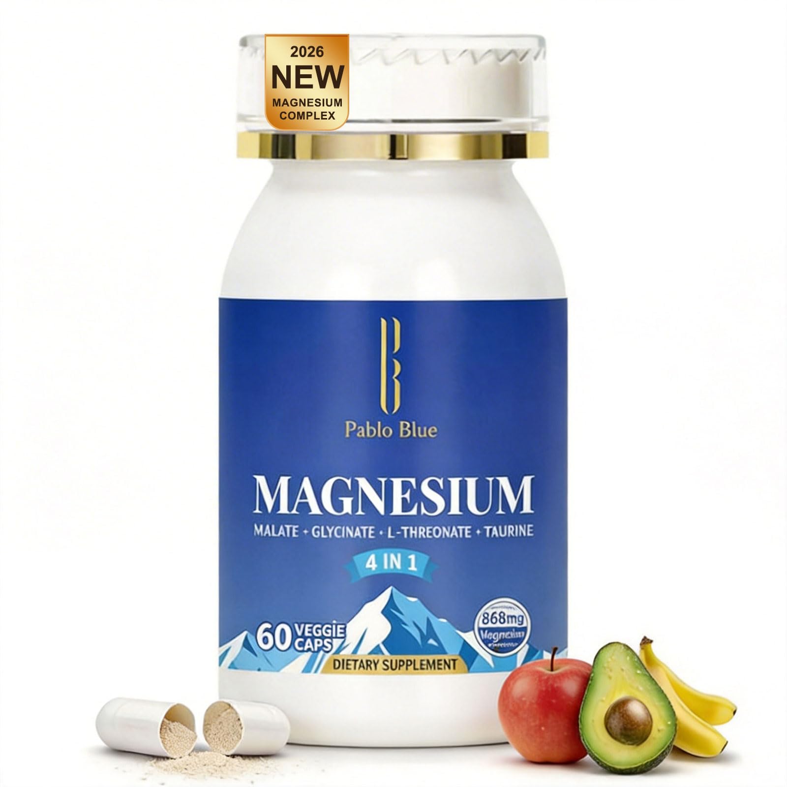 Pablo Blue 4-in-1 Magnesium Glycinate Complex for Women &amp; Men, Chelated Magnesium Threonate, Taurate, Malate &amp; Vitamin B6, Sleep Aid, Brain Function, Muscle Relaxation &amp; Calm Support, Gluten Free