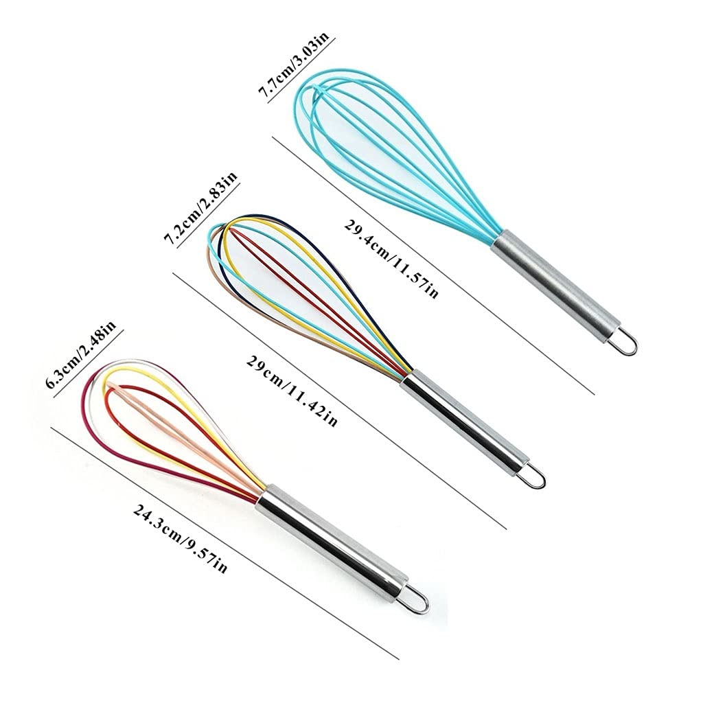 Fruste per Cucinare, Set di 3 fruste in Silicone, Balloon Wisk Kitchen con Manico in Acciaio Inossidabile, fruste manuali per Cucinare, cuocere, frullare, Montare, Montare a Neve.