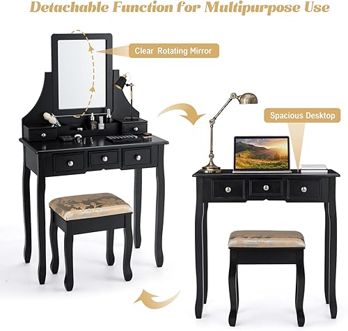 Miniatura 6 de COSTWAY Juego de escritorio de tocador con espejo, escritorio de tocador y taburete acolchado con 5 cajones de almacenamiento, tocador de maquillaje
