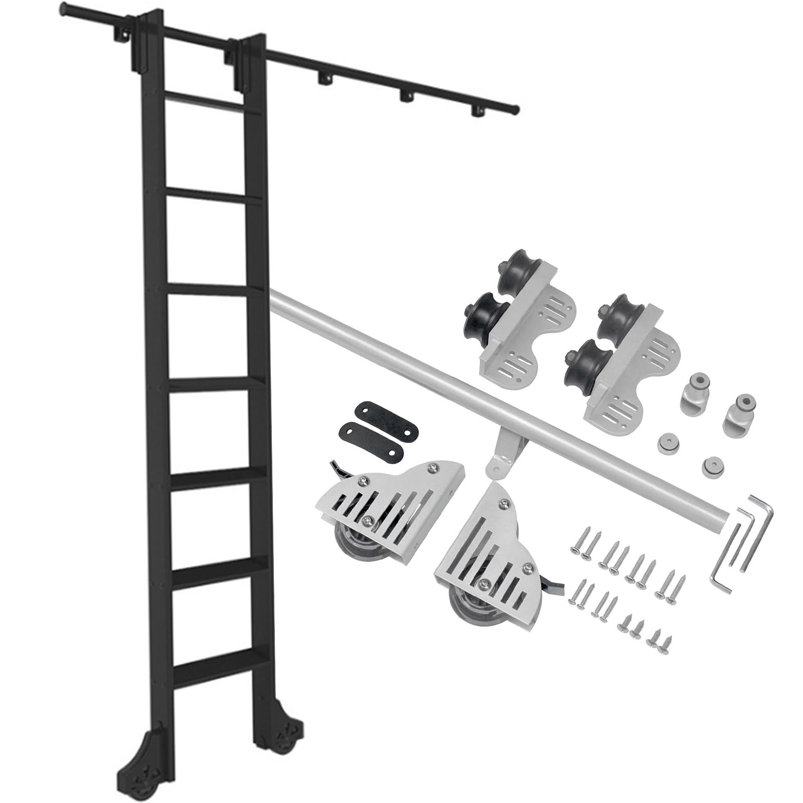 Kit quincaillerie pour échelle coulissante de bibliothèque avec rail télescopique et roulettes sol
