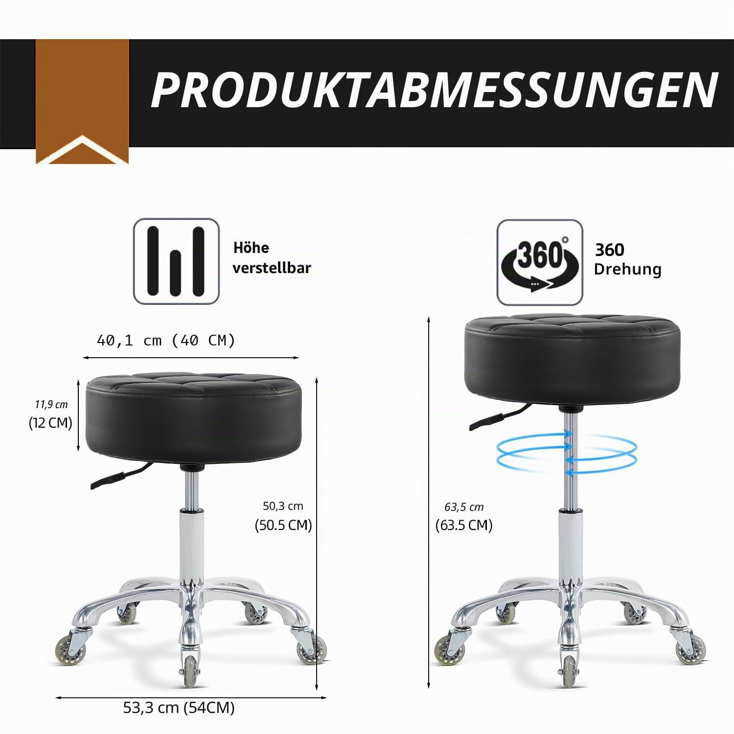 Ainilaily Roll hocker mit Rollen, Dickes Kissen, strapazierfähig, für Kosmetiker, hydraulischer Stuhl, Hocker für Arbeit, Medizin, Tattoo-Salon, Büro (schwarz)