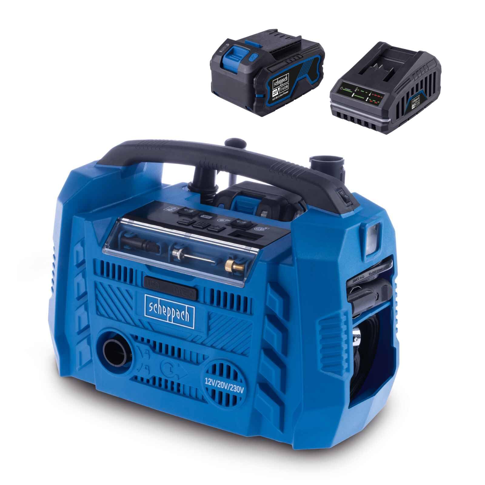 Scheppach Compresseur sans fil Airforce 6 20 V - Débit d'air 21 l/min - Tuyau haute pression 75 cm - 3 types d'entraînement - Port USB-A et USB-C - Série IXES 20 V - Avec batterie 4 Ah et chargeur 2,4