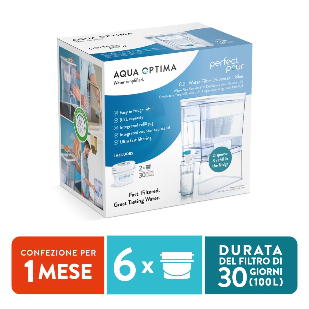 Aqua Optima Dispensador Perfect Pour de Agua Filtrada (8.2L) con Soporte y 6 Filtros - Apto para Nevera, Lavavajillas y Encimera - Reduce Cal, Cloro y Otras Impurezas