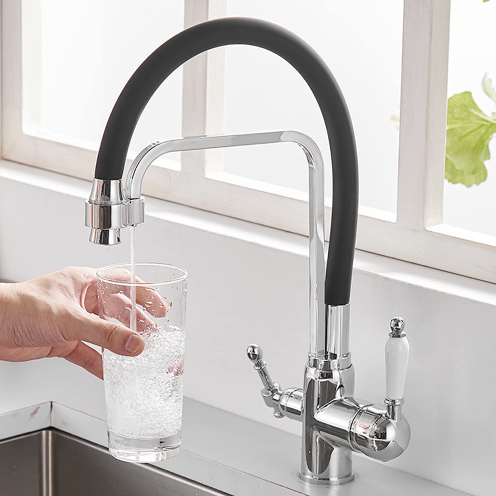ASerZenith 3 Way Kitchen Tap Brass Hot And Cold Pure Water 360° Swivel 3 Way Kitchen Taps