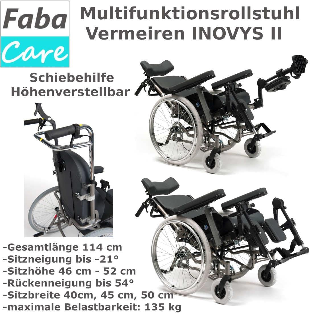 FabaCare Multifunktionsrollstuhl INOVYS II mit Trommelbremse, Pflegerollstuhl, Transportrollstuhl, Rollstuhl, höhenverstellbar, neigbar, tiefenverstellbar, Liegefunktion, Sitzbreite 45 cm