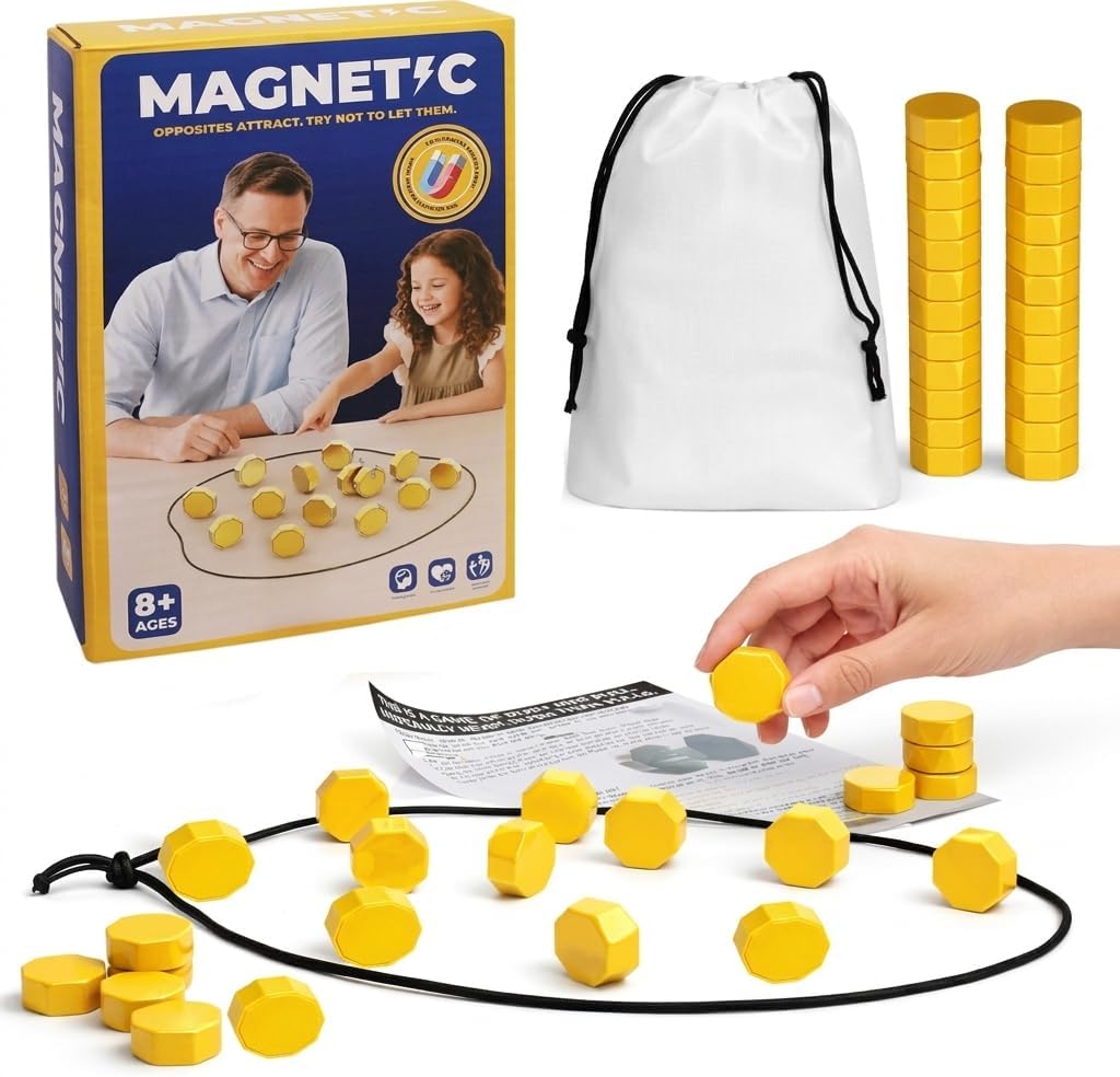 Magnetic Chess Strategy Game with 20 Full-Size Magnetic Stones, Portable Tabletop Game with 3 Strings & Storage Bag, Logic & Skill Strategy Game for Ages 8+, Family and Adults (Golden)