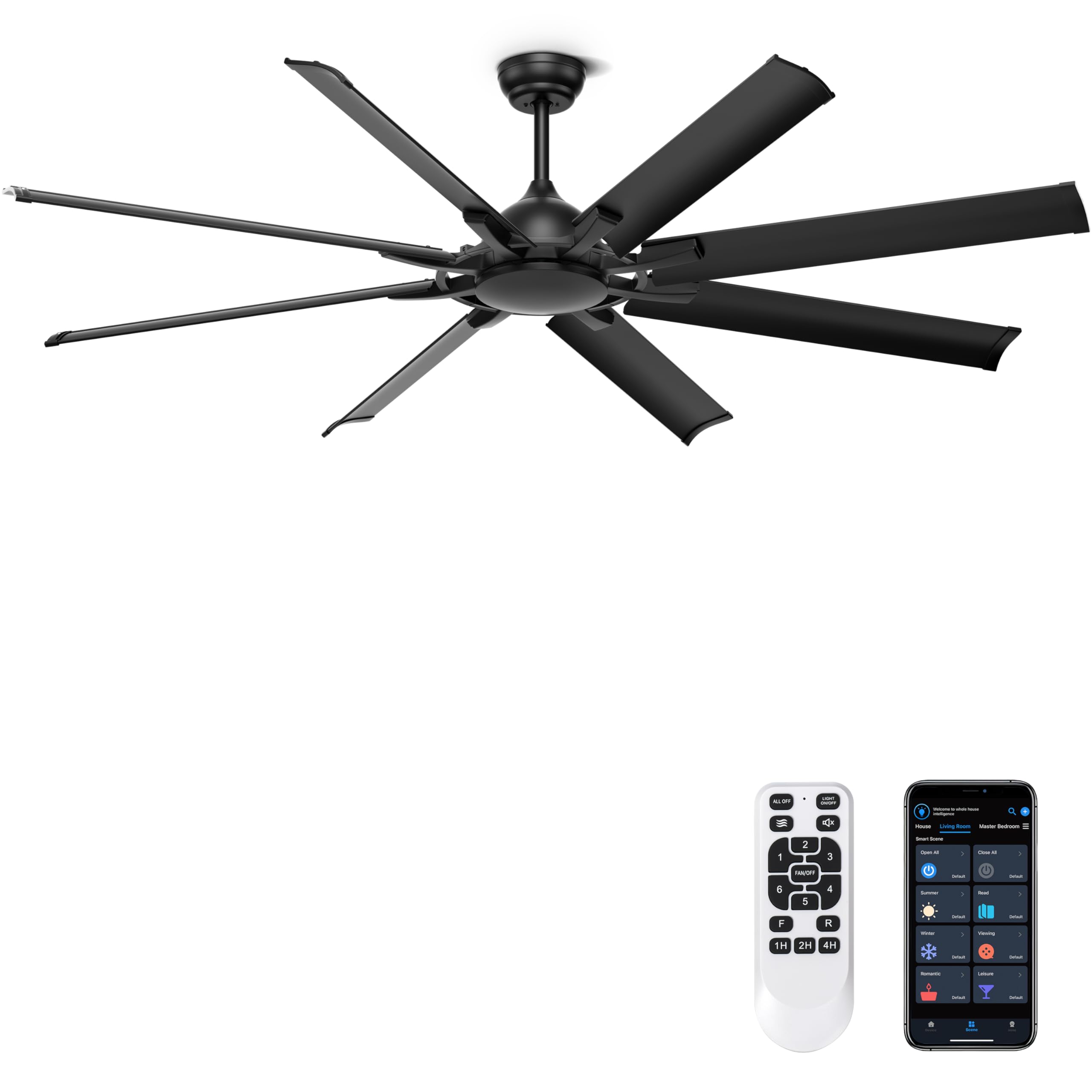 Ohniyou 72-inch industrial ceiling fan with 8 black aluminum blades installed in a modern living room.