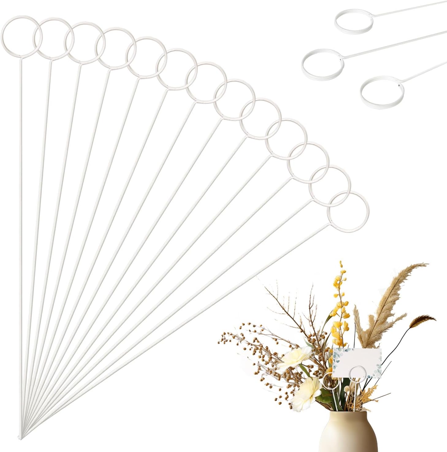 Limso 30 Pcs Metal Wire Floral Picks 13 Inch Wire Place Card Holder Stand, Wire Floral Place Card Holder Picks, Table Name Number Picture Holder for Birthday Party Wedding (White - Round)