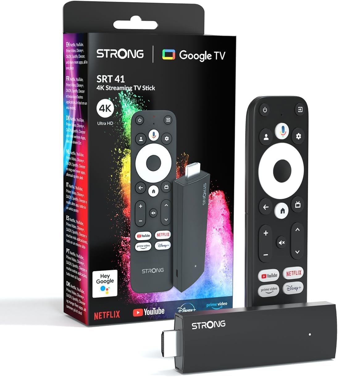 STRONG - Streaming Box Android TV 4K UHD - SRT41 - Google TV HDMI Key - Chromecast Built-in - Compatible con la Asistencia Vocal Google - Dolby Atmos - Fácil de Instalar - Formato Stick - Negro