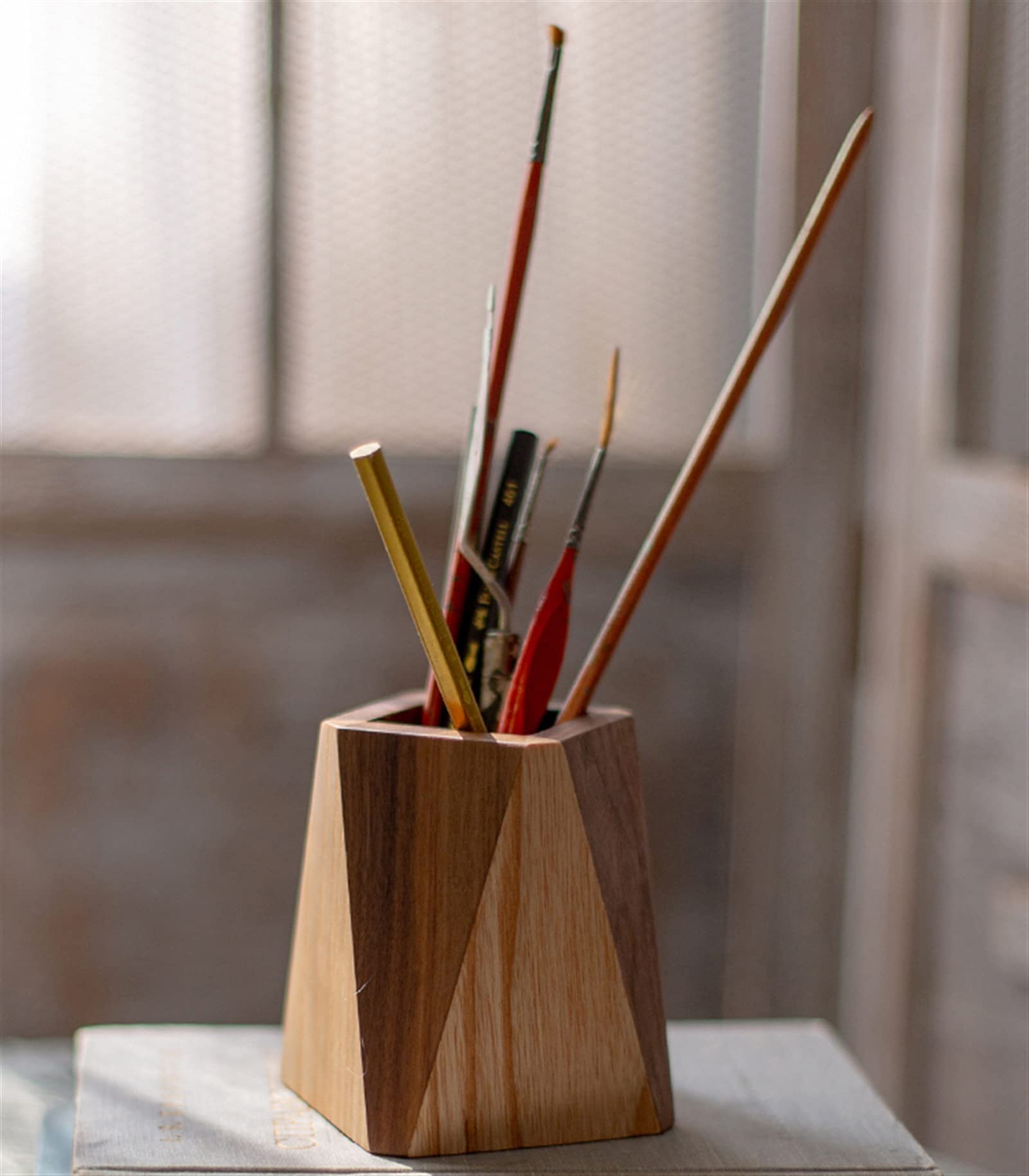 Pot à crayons en bois naturel de frêne vintage pour bureau, bureau et maison
