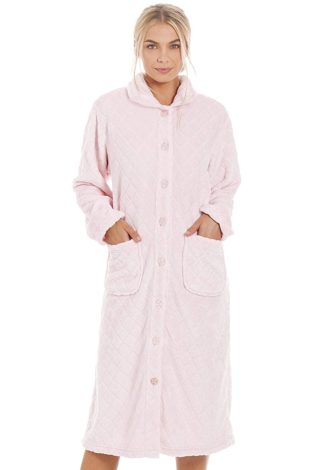 Camille Albornoz de forro polar supersuave para mujer, diseño de diamantes, albornoz con botones, manga larga con bolsillos delanteros, acogedor y cálido