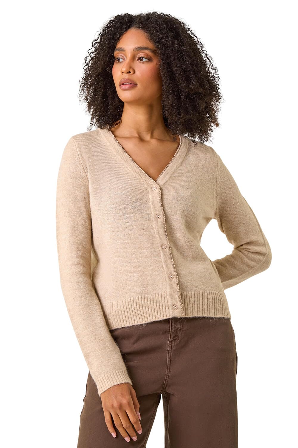 Roman Women's Shimmer V-Neck Ribbed Cardigan Sweater in Natural | Size: 2XL