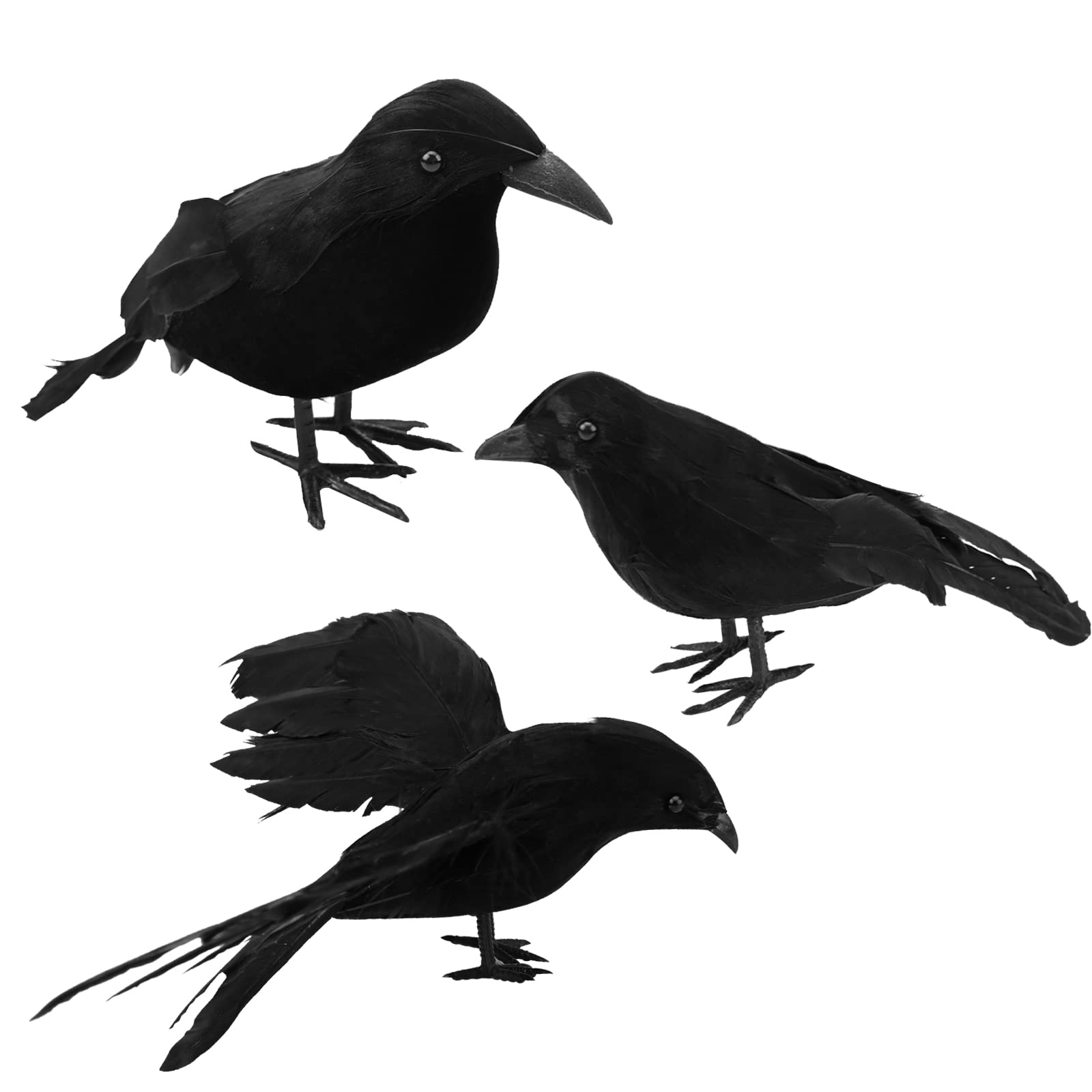 3 Pack Halloween Crows Artificial Feathered Crows Realistic Raven Birds Decorations Animal Ornament Spooky Black Feather Crow Bird for Halloween Party Prop Indoor Outdoor Home Garden Decoration Model