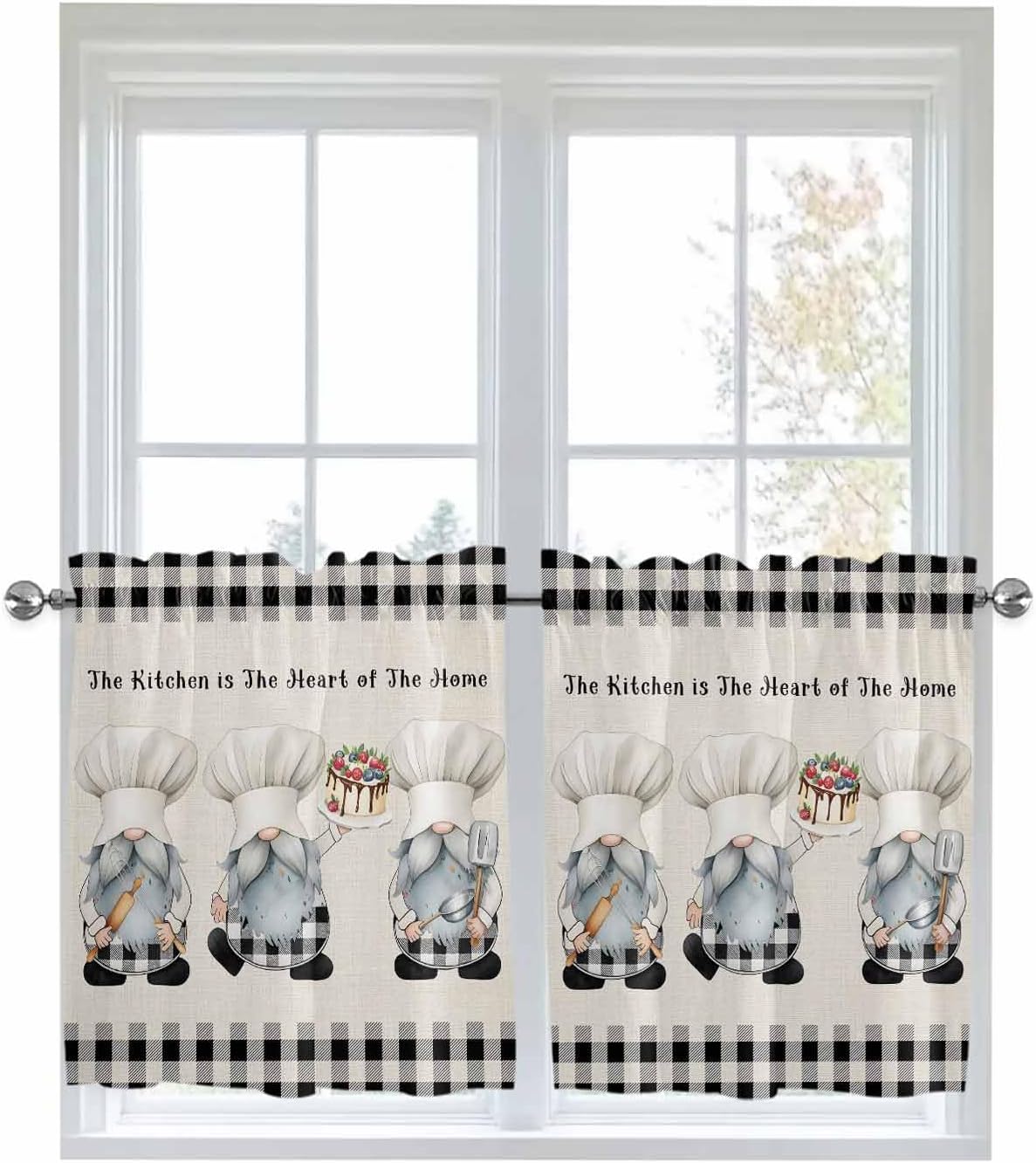 Chef Gnomes Kitchen Curtain 36 Inch Length, Black White Plaid Cake Dessert Cooking Small Short Cafe Tiers Curtains Drape, 2 Panel Window Treatment Rod Pocket Drapery Panels Curtains 55x36