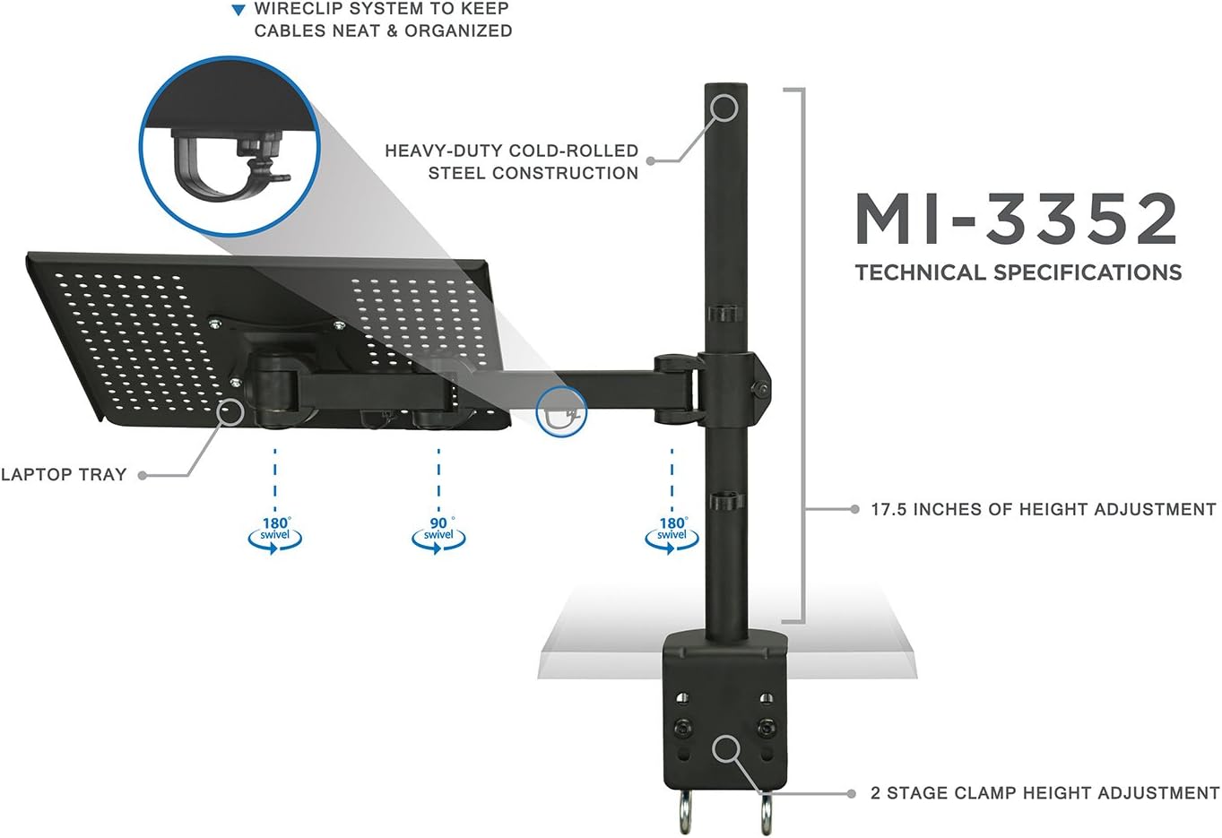 Mount-It! Laptop Notebook Desk Mount with Full Motion Height Adjustable Holder, Articulating Vented Cooling Platform, Fits Up to 17 Inch Computers, Clamp Mounting