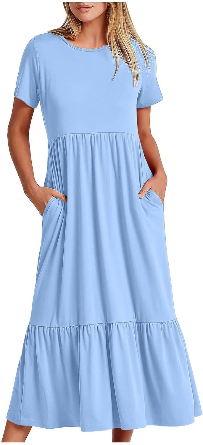 Summer Tiered Dress for Women Crew Neck Short Sleeve Maxi Dresses Solid Color Loose Lounge Dress with Pockets