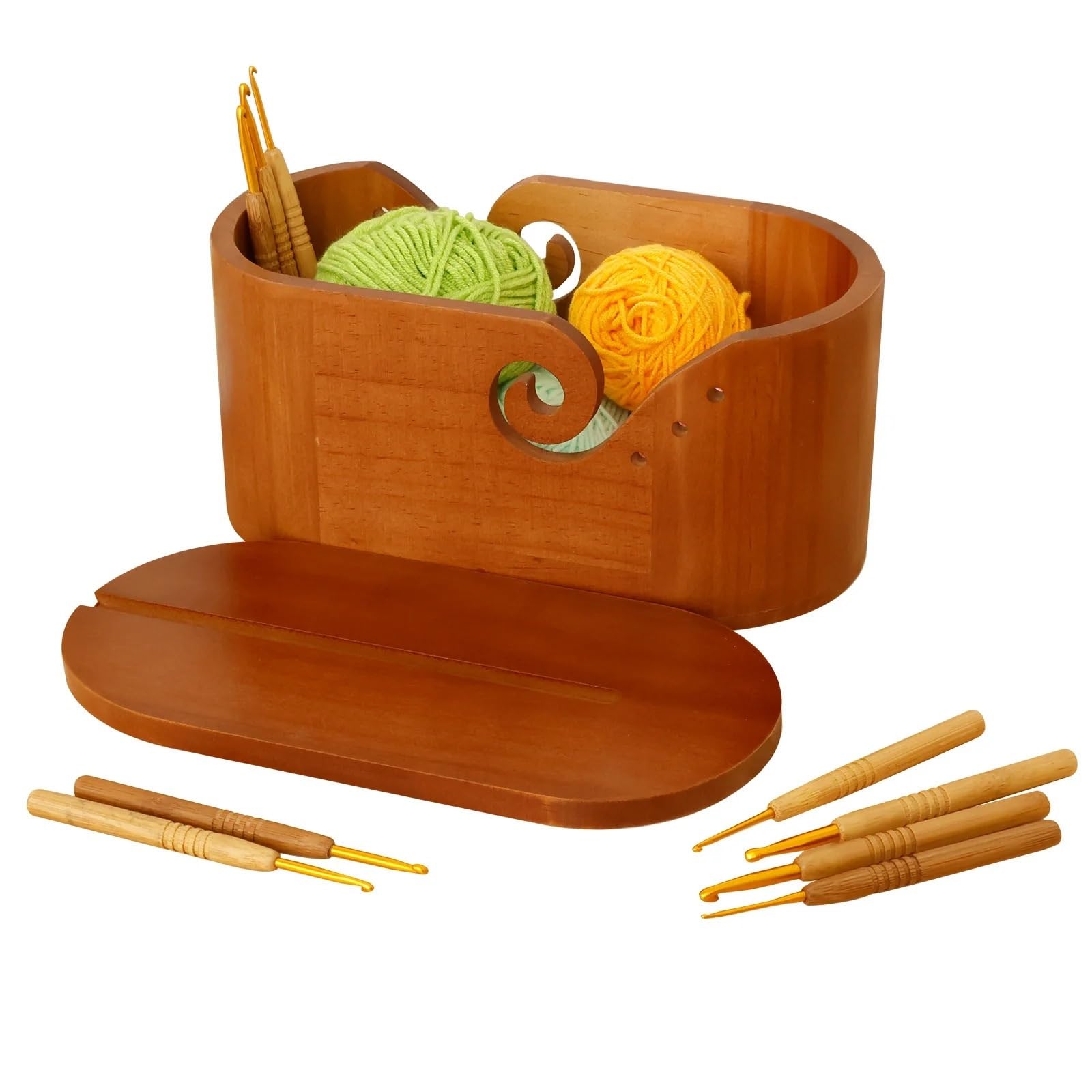 Cuenco Para Almacenar Hilos 1 Juego de cuenco hilo ovalado madera, gran capacidad con cesta almacenamiento lana ganchillo for entusiastas del tejido, suministros hechos a mano(Style1)