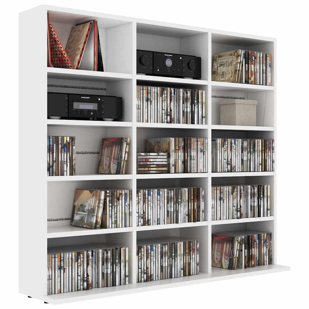 Scaffale per CD, in legno bianco, 100 x 23 x 89,5 cm, con 15 scomparti aperti, per soggiorno, camera da letto, ufficio, pratico contenitore multimediale per CD, DVD, accessori Hi-Fi