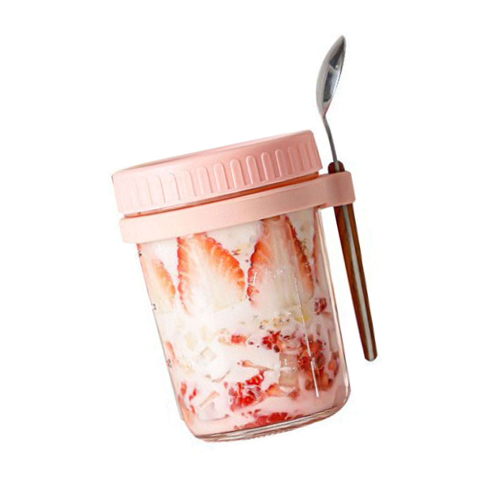Veltros Glass Storage Jar with Cover and Spoon for Oatmeal Fruits and Nut Elegant Overnight Oats Jar Impermeable Glass Cup with Hanging Spoon