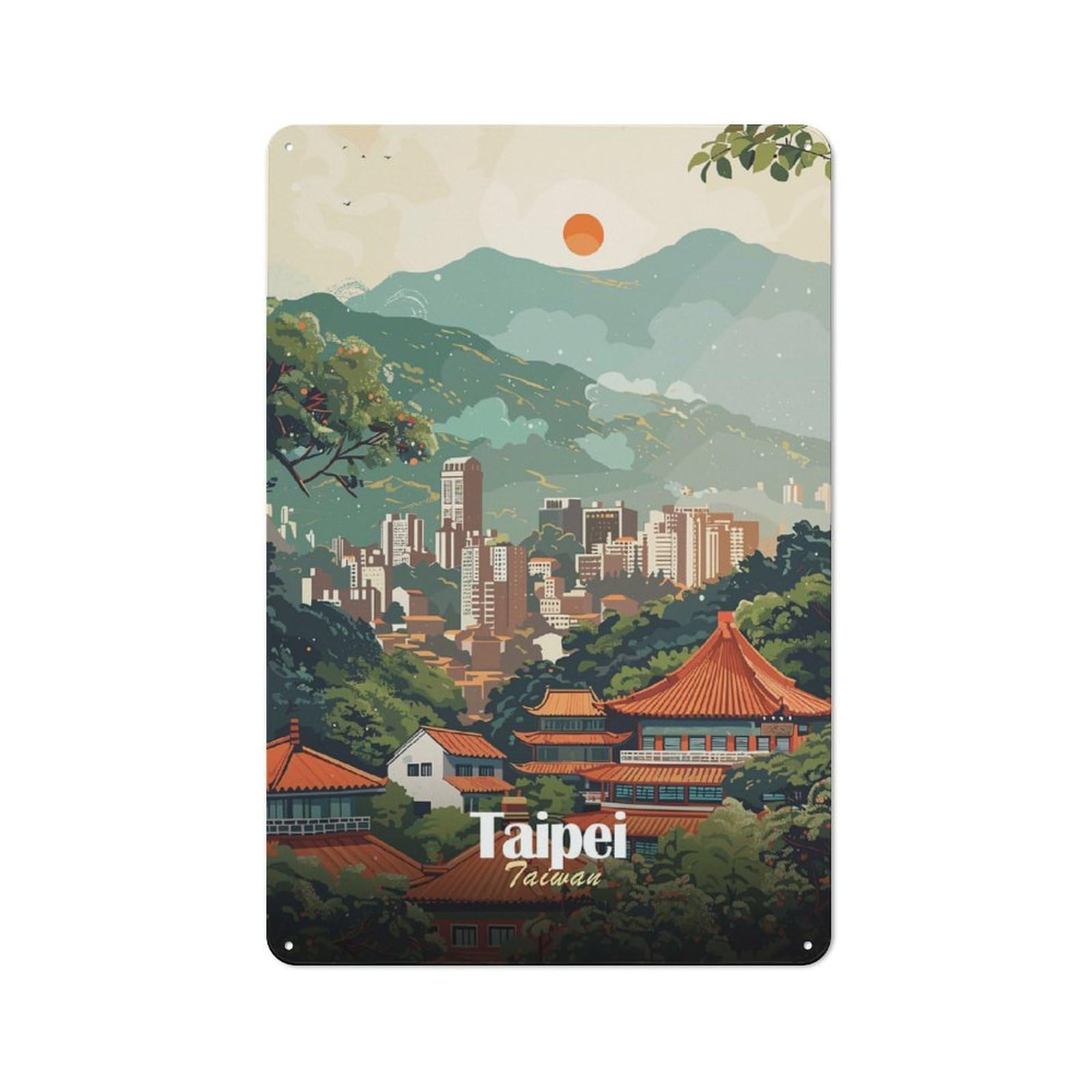 Junmoney Style-10 Workshop Style Garage Metal Sign 30X20cm Featuring Taipei Cityscape Illustration, Industrial Wall Art For Workshop, Basement, Shed Or Games Room