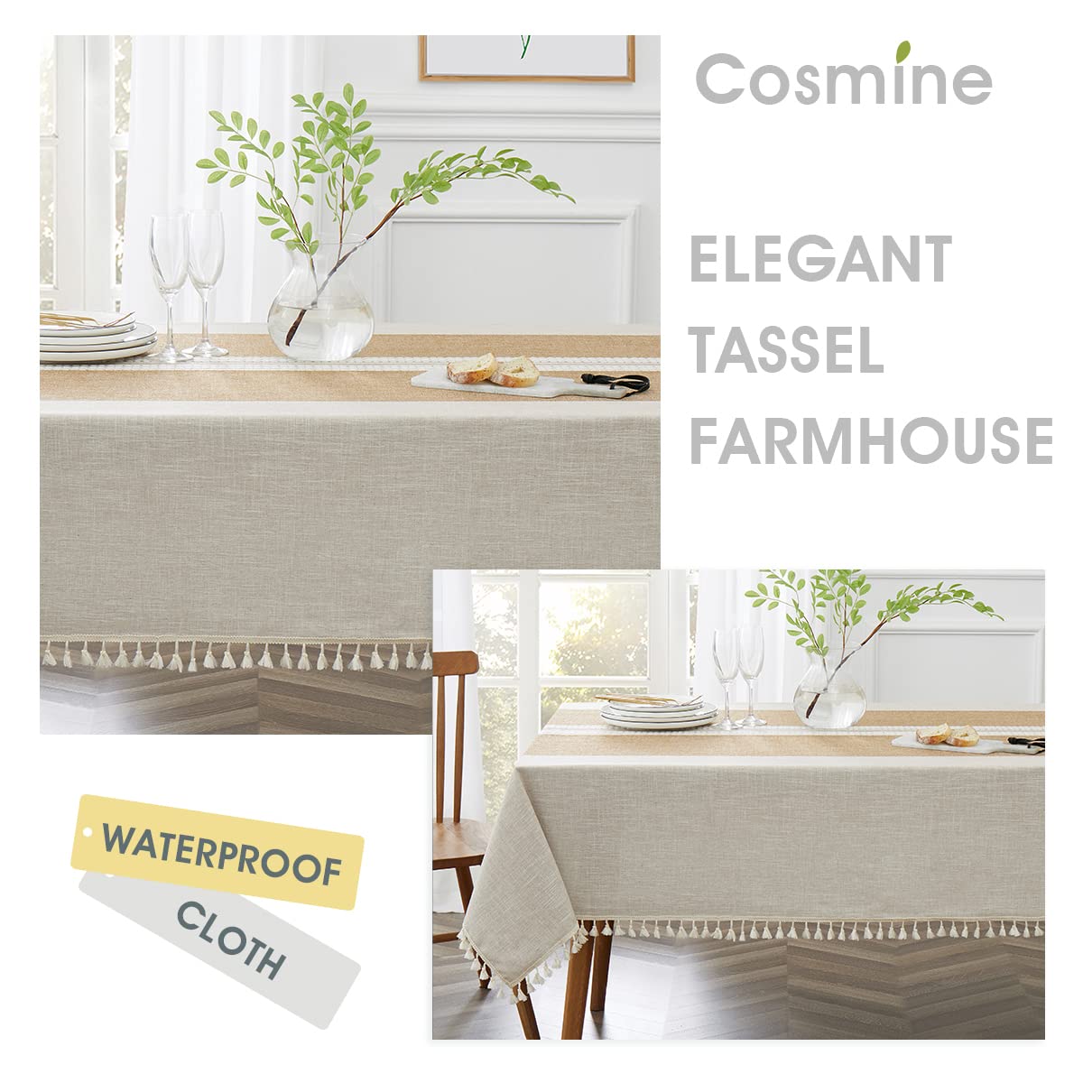 Nappe Rectangulaire Lin Et Polyester "Lavandes Brodées" Blanche Et Bordure Lin