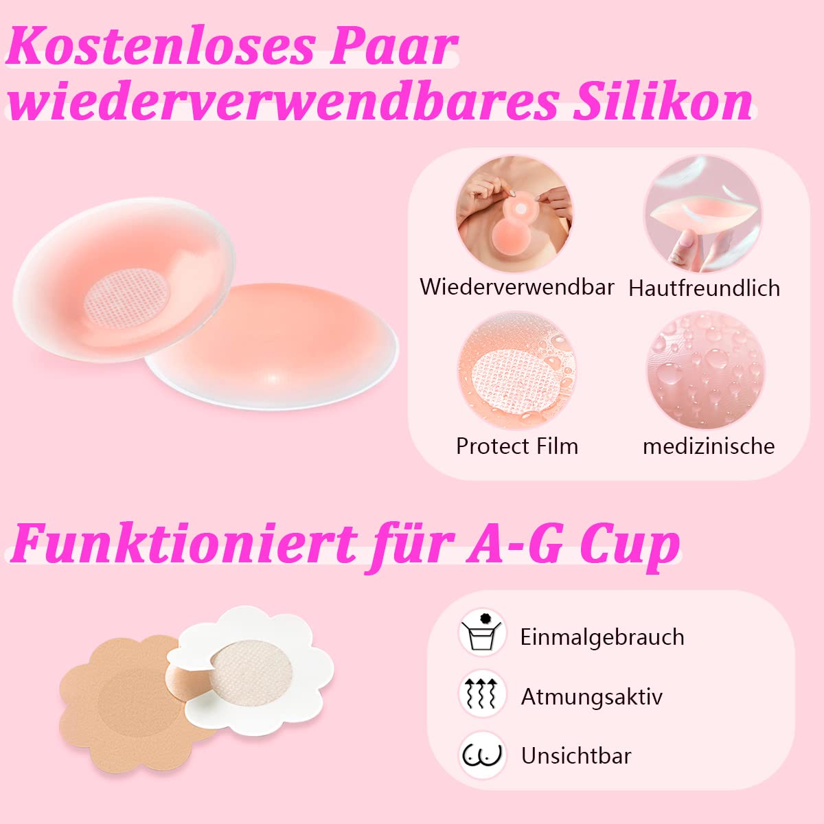 Korffe Brust Tape Klebe BH Push Up, Boob Tape Set für Klebe BH Große Brust Rückenfrei BH 2 Wiederverwendbare Unsichtbar Silikon Brüste Nippelpads Body Damen Tape für Körbchengrößen A-G