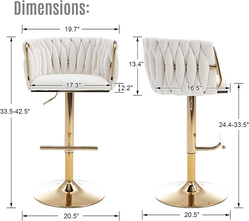 Miniatura 2 de LukeAlon Juego de 2 taburetes de bar giratorios de terciopelo, sillas de bar modernas de altura ajustable con base dorada, respaldo tejido con