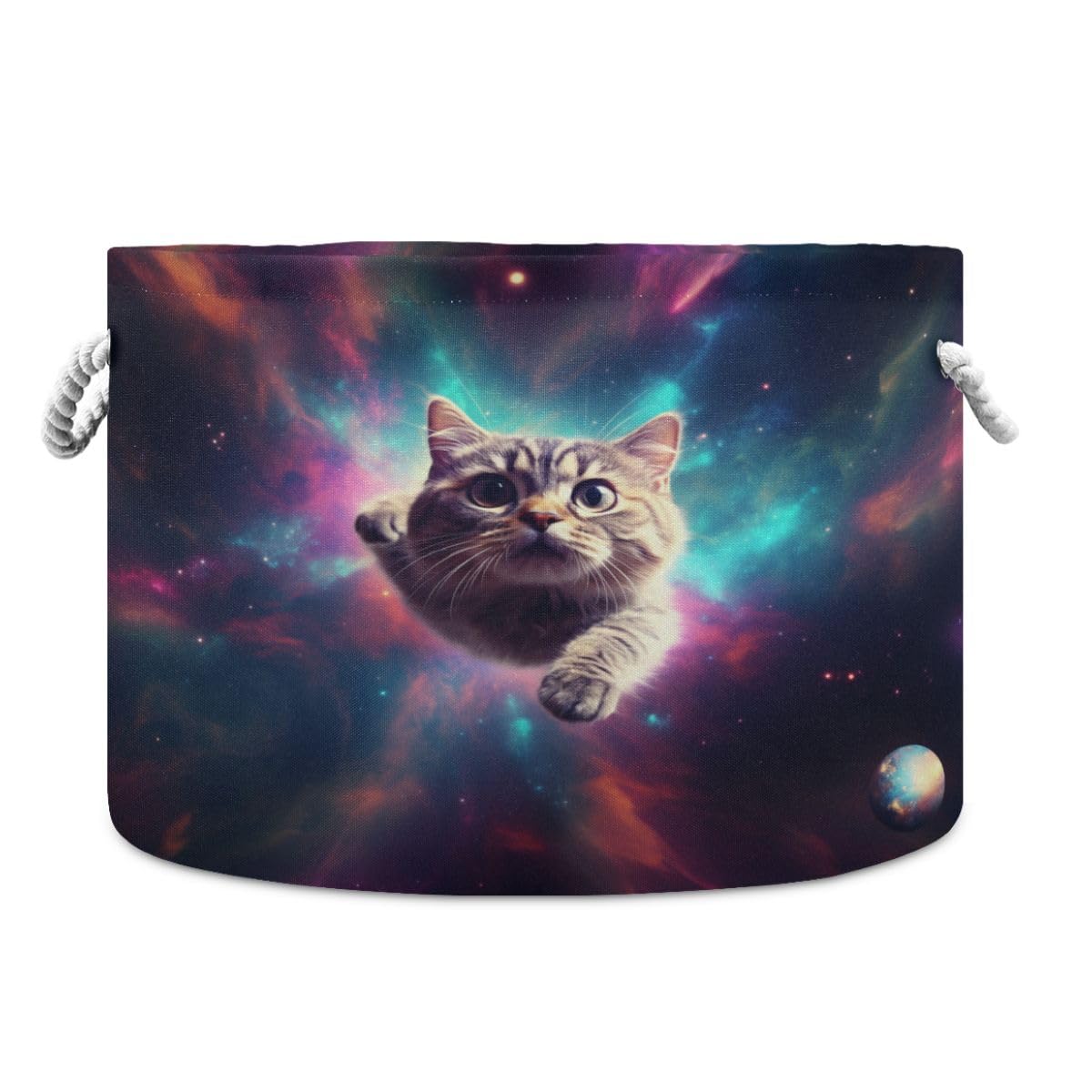 Round Storage Basket Cat Flying in The Universe Open Home Storage Bin 20 * 13.9in