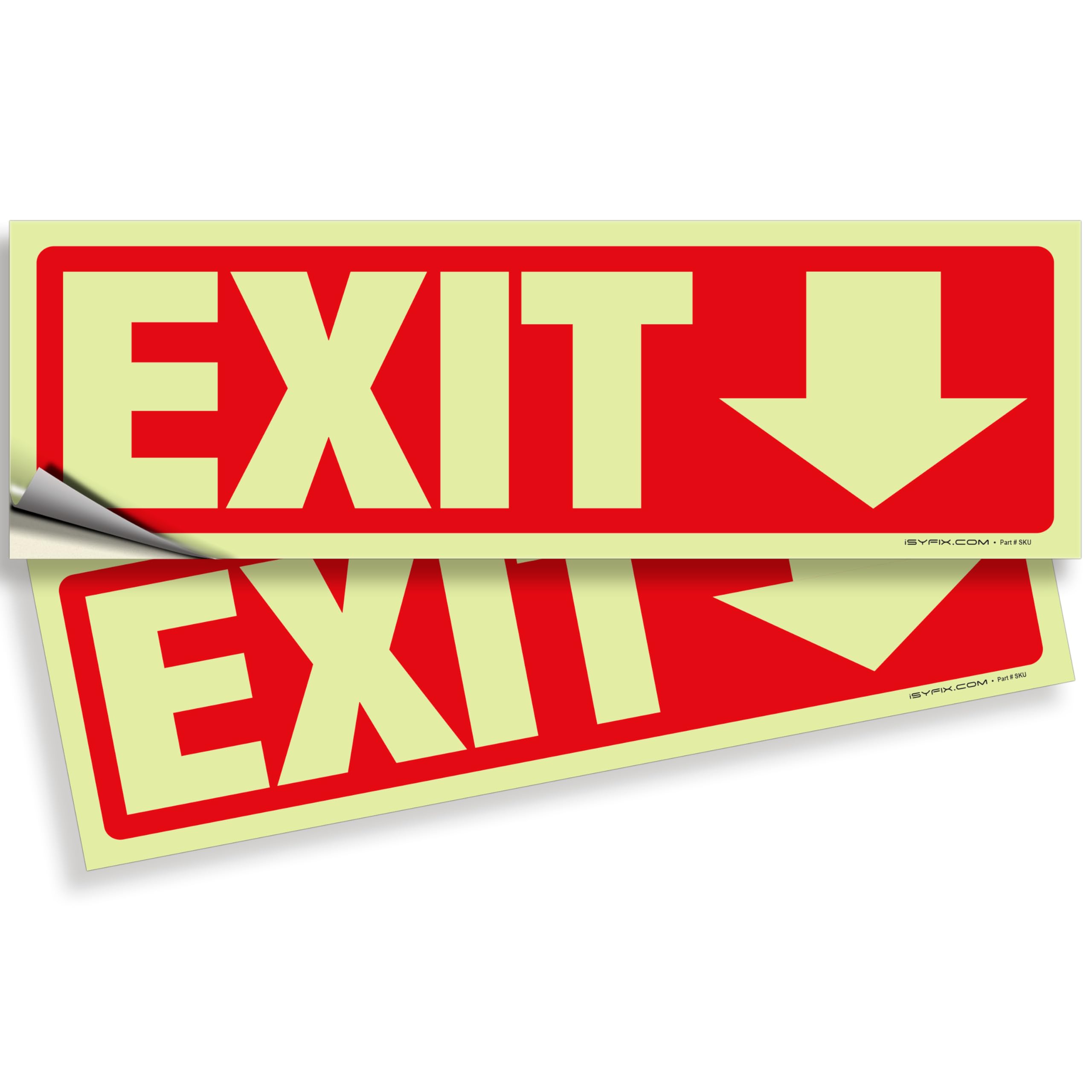 iSYFIX Exit Stickers Signs with Directional Down Arrow 2 Pack 12x4 Inch - Glow in the Dark Photoluminescent Vinyl for Office, School, Business,