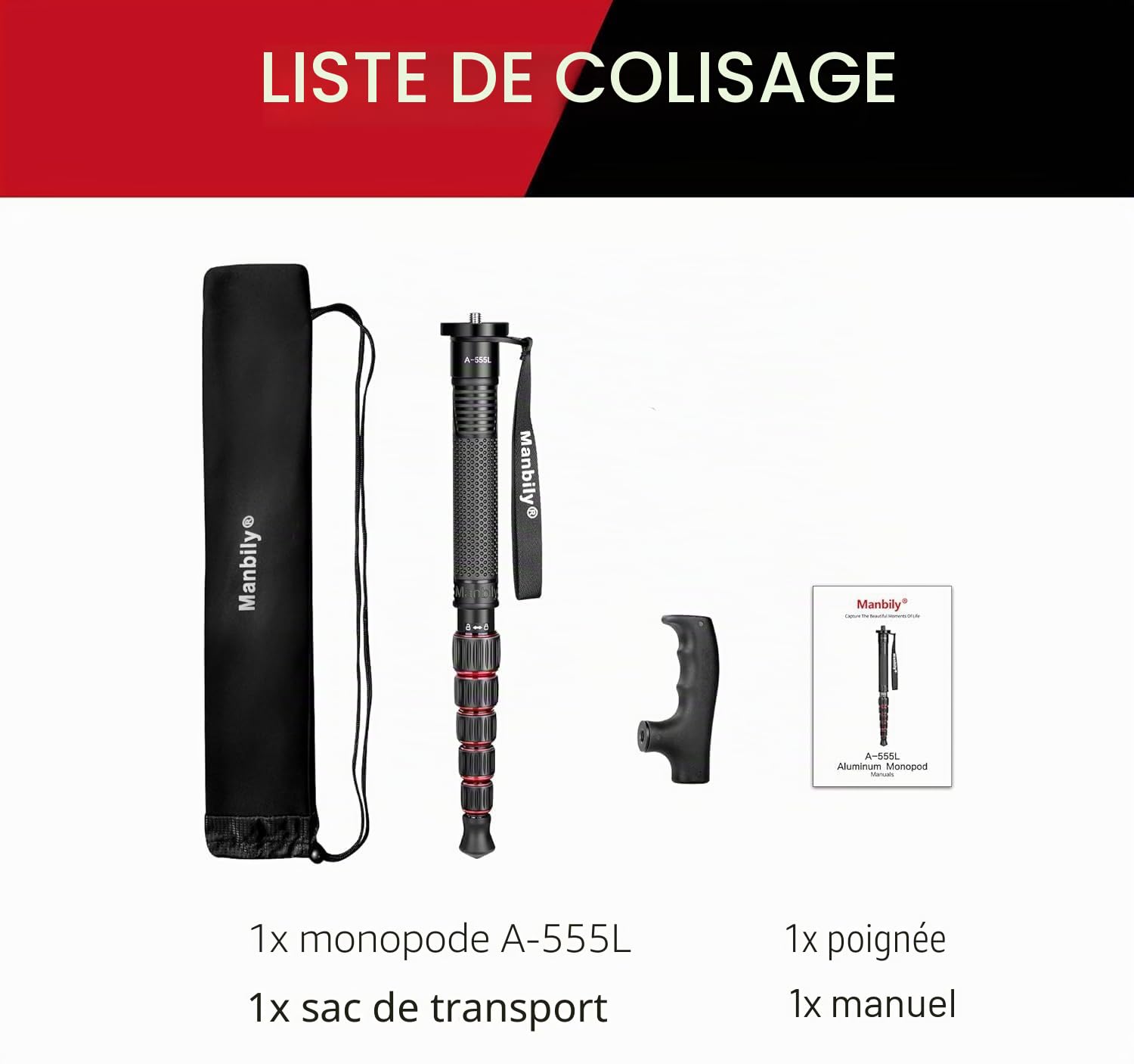 Manbily Monopode Appareil Photo 40cm-168cm Aluminium 6 Sections Sac de Transport pour DSLR Caméra Caméscope (Rouge)
