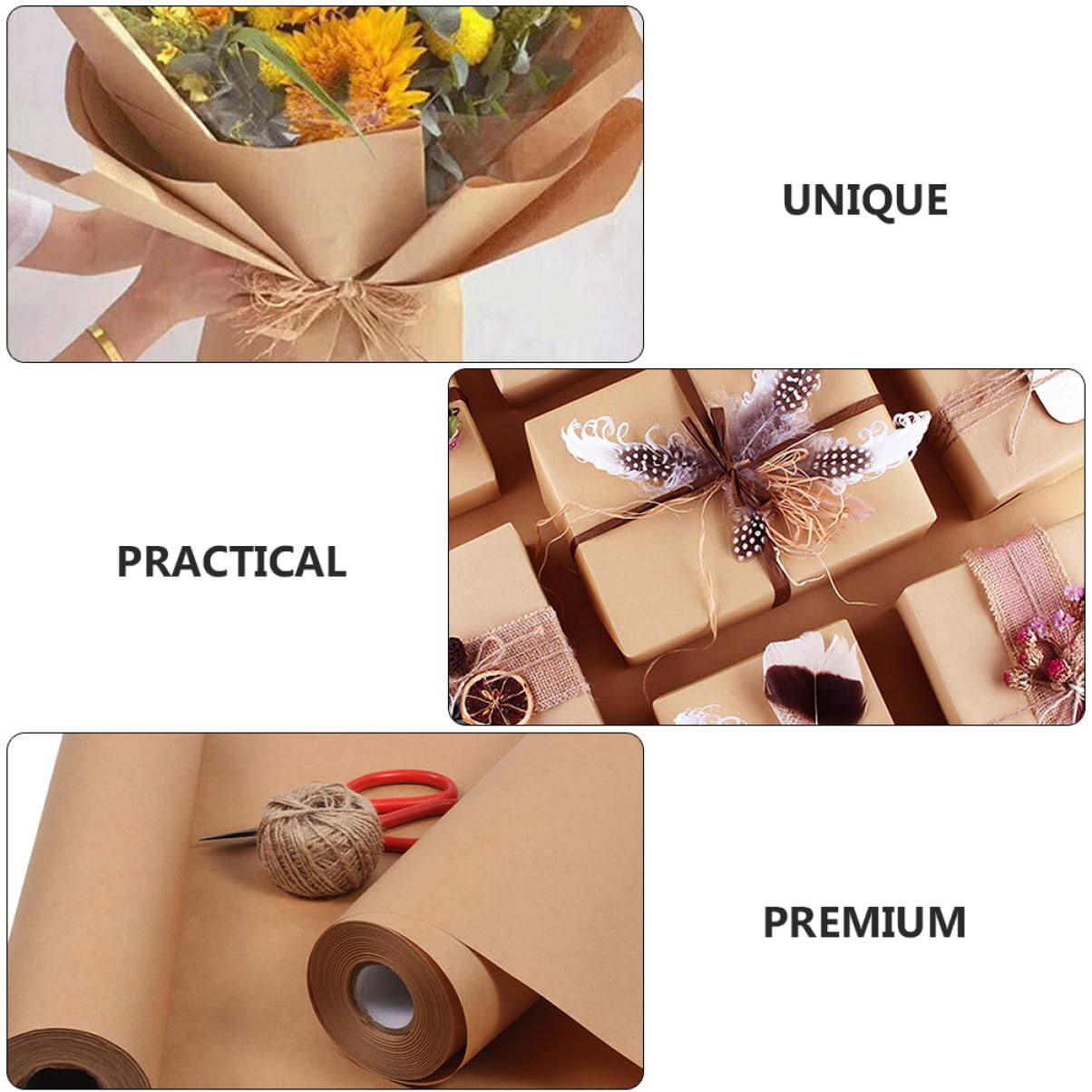 FONDOTIN Papier Kraft D'emballage Décoratif 45 Cm X 30 M, Rouleau Kraft Brun Naturel, pour Artisanat Créatif et Emballage Présents, Adapté aux Bouquets et Décorations de Noël