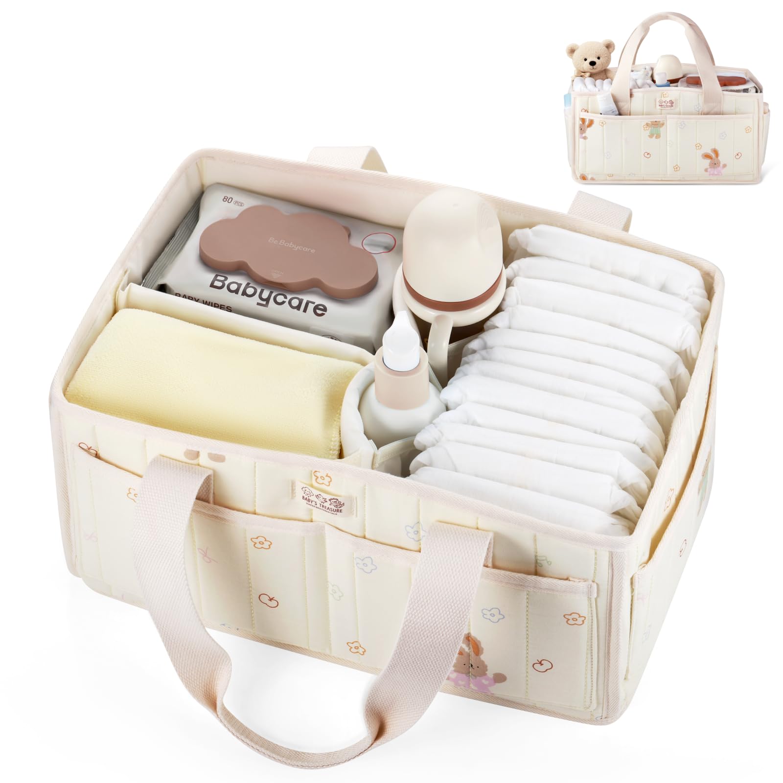 FOREGOER Diaper Caddy Organizer,Soft Cotton Baby Storage Basket with Handle
