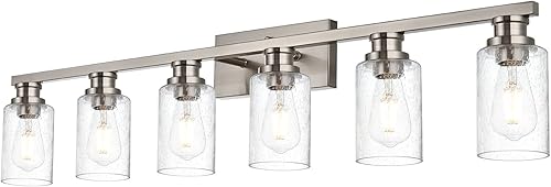 VINLUZ Lámparas de tocador de baño sobre espejo, 6 lámparas de pared de baño con base de metal y pantalla de vidrio sembrado para porche, taller,