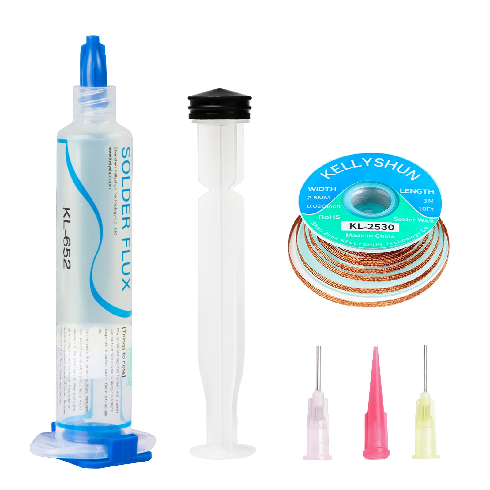 KELLYSHUN KL-652 Flussmittel Löten,10g No-Clean Bleifreies Kolophonium Flussmittel (1 Stück) 2.5MM/3M Entlötlitze (1 Stück) Geeignet Für Handy SMD,BGA,PCB,Haushaltsgerätereparaturen