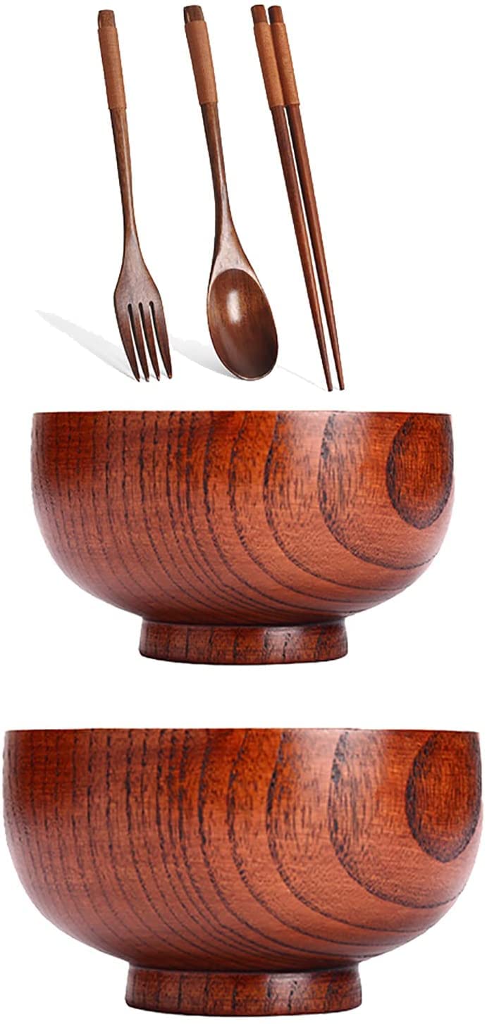 WOTZOV Bowl Household Rice Bowl Ramen Bowl Tableware Wooden Salad Bowls, Jujube Wood Salad Bowl With Servers Set, Individual Salad Bowls For Salad, Fruits, Cereal And Dinner - Classi