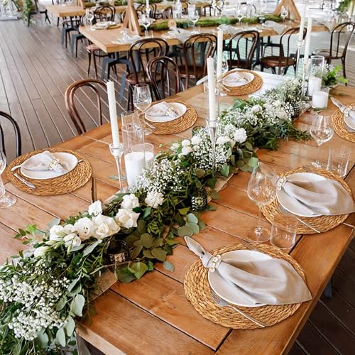 Image of 100 Pcs 12 Inch Cattail Round Woven Placemats Set, Cattail Placemats with Pearl Napkin Rings Boho Farmhouse Rustic Woven Chargers Natural Mat Bulk for Wedding Party, Dinner Table