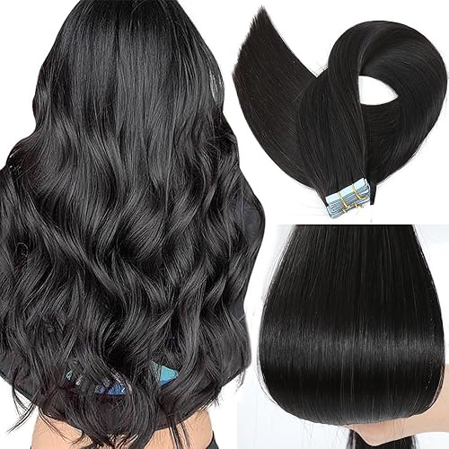 Extensiones de cabello humano con cinta, color negro natural, sin costuras, cinta de trama de piel sintética invisible en cabello humano 100% real,
